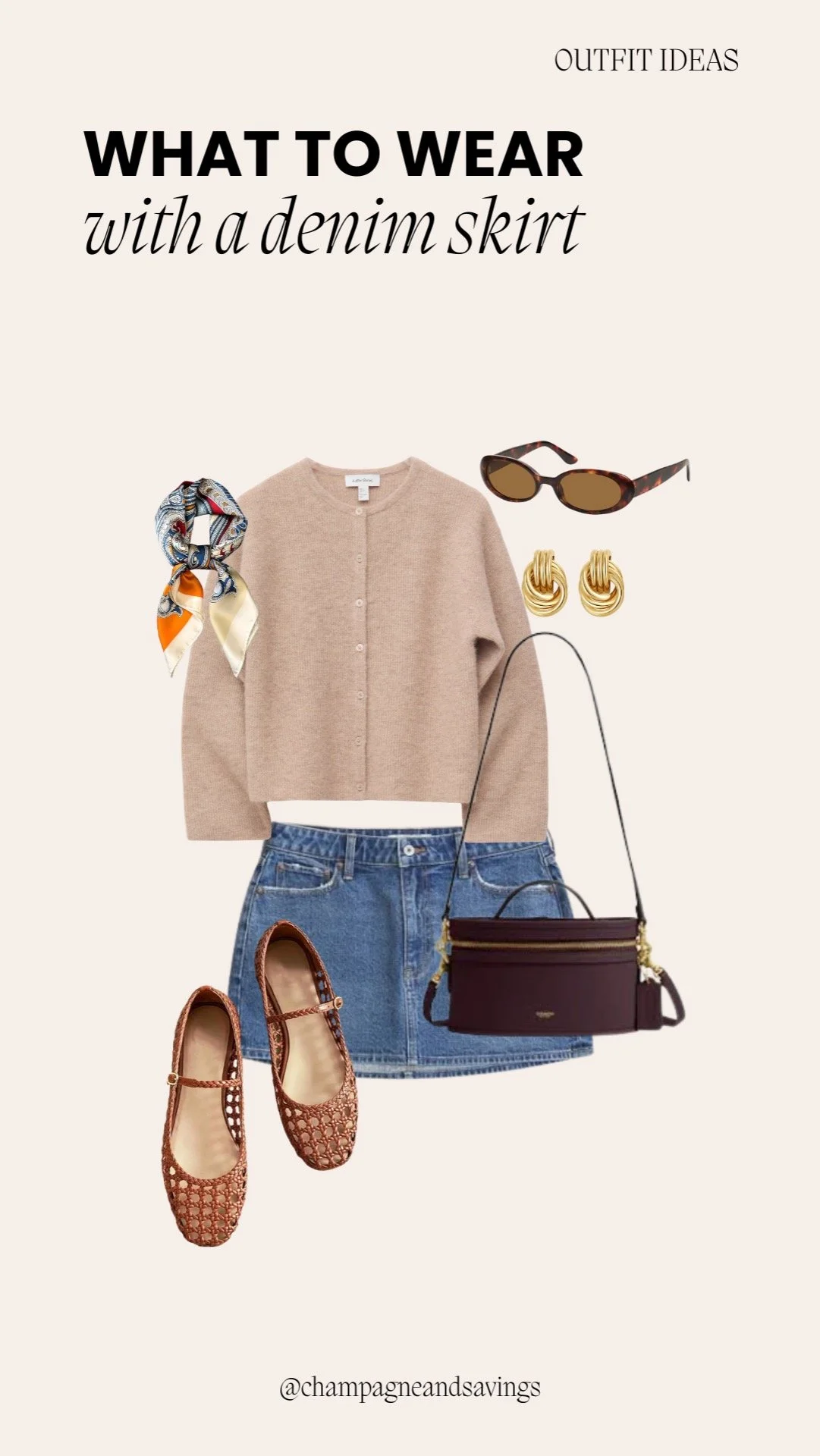 Mini skirt outfit idea featuring a denim mini skirt paired with a neutral cardigan and ballet flats, styled together as coordinated outfit pieces.