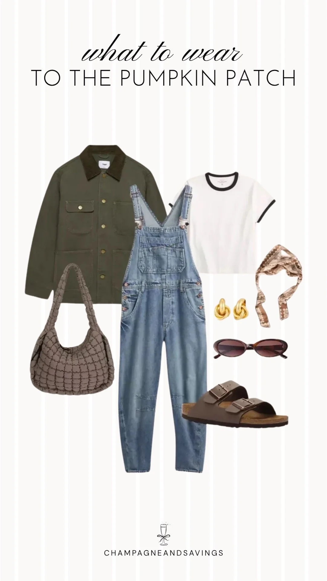 Collage of outfit pieces featuring a barn jacket styled with denim overalls and Birkenstocks for a casual pumpkin patch outfit idea with a cozy relaxed fall vibe.