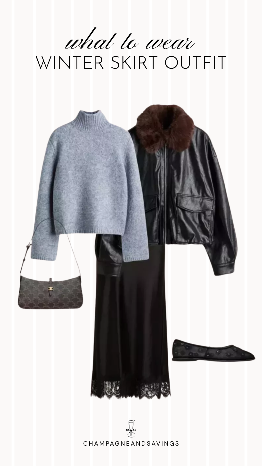 Black lace skirt and sweater winter outfit idea with cozy layers and accessories for a chic cold-weather look.