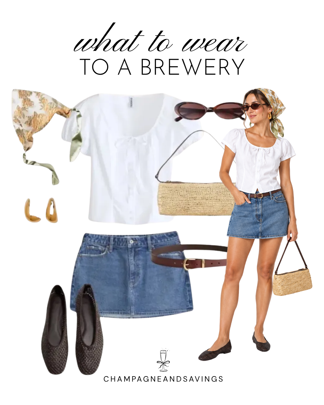 Feminine summer brewery outfit with a white puff-sleeve blouse, denim mini skirt, printed headscarf, and woven ballet flats.