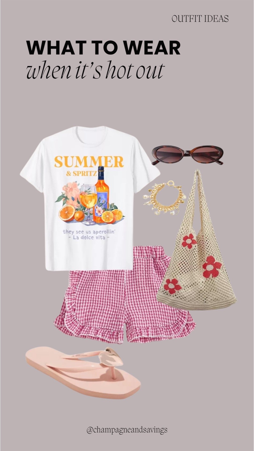 Hot weather outfit collage featuring a summer graphic tee paired with gingham ruffle shorts and flip flops for a playful, casual summer look