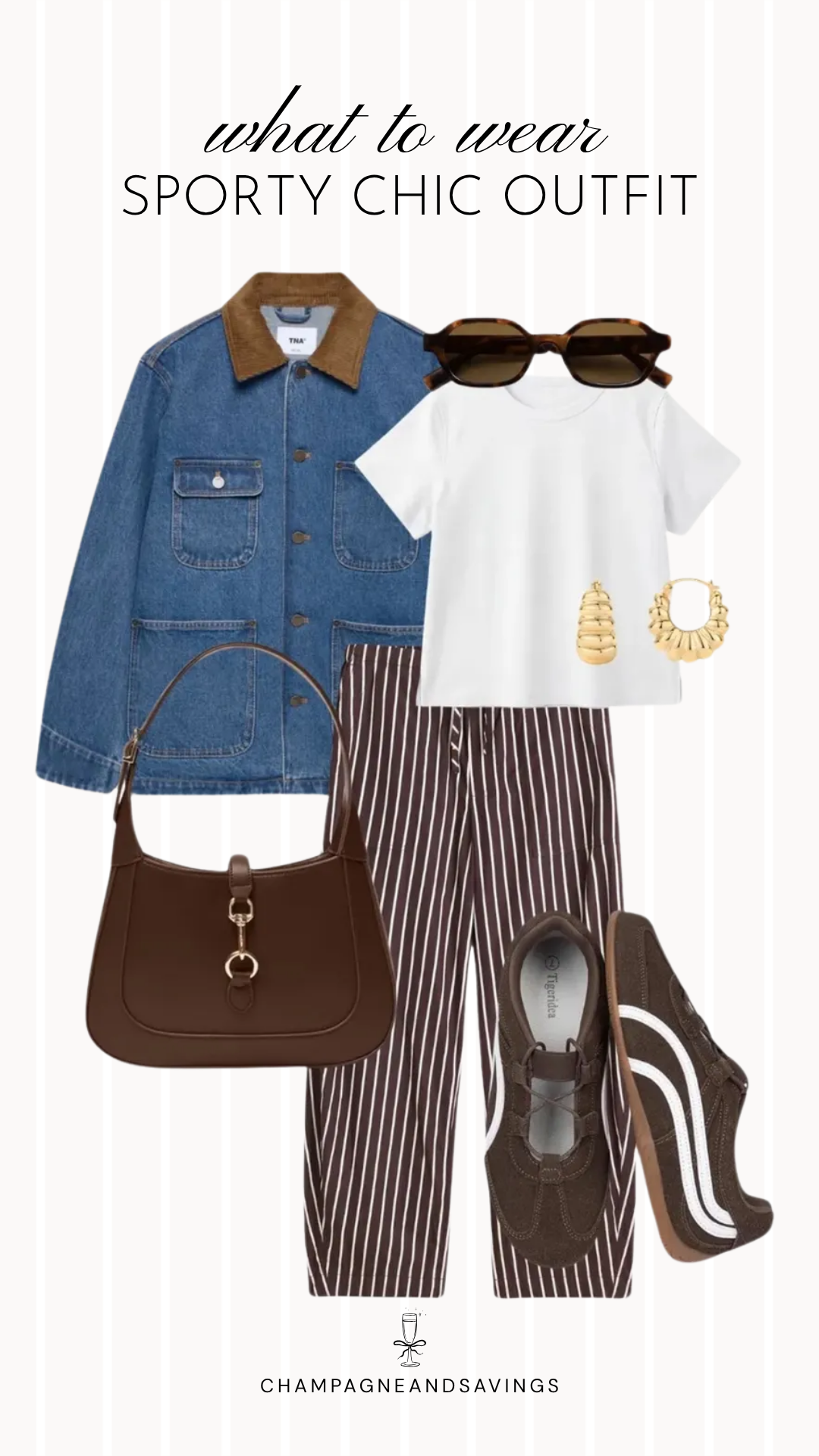 Collage of sporty chic outfit pieces featuring a denim barn jacket paired with pinstripe pants and sneakers for a casual outfit that blends sporty and classic style.