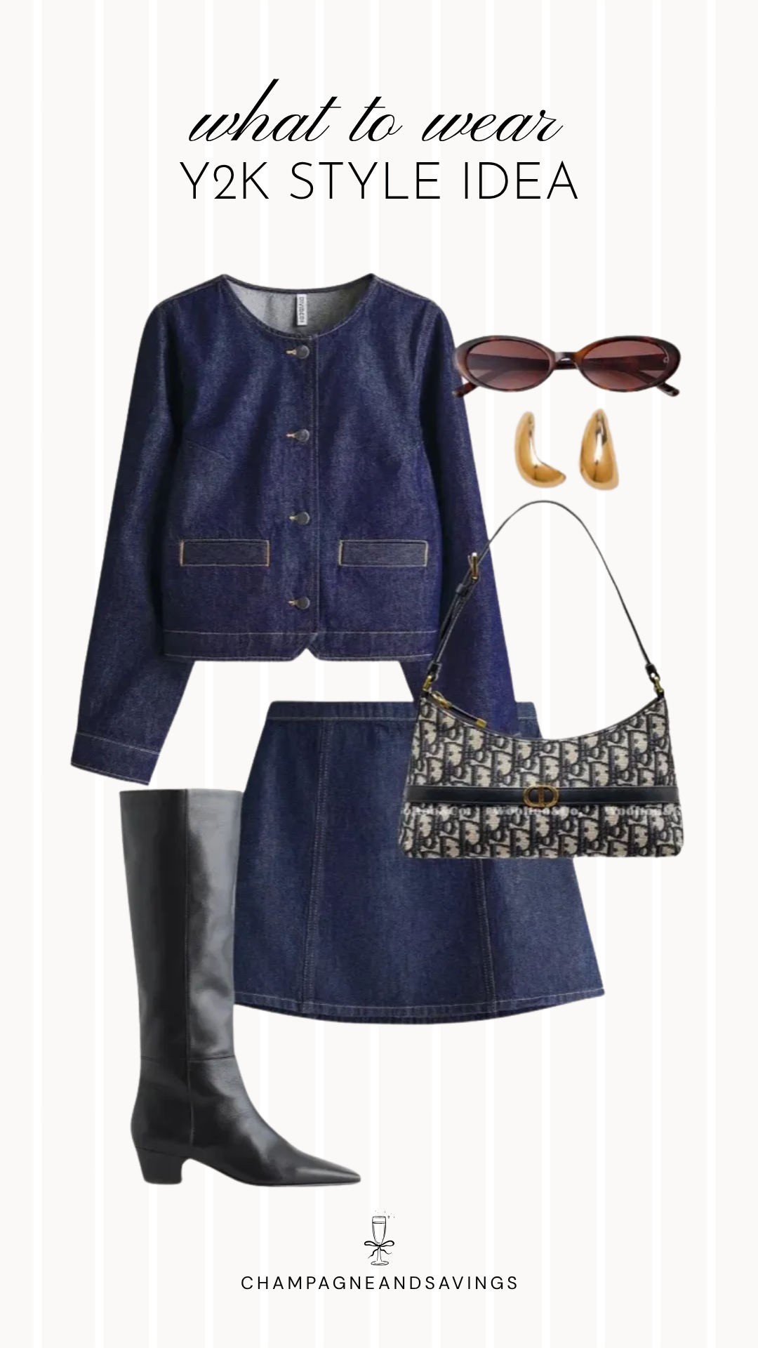 Y2K outfit idea collage featuring a denim matching set with knee-high boots for a trendy 2026 look.