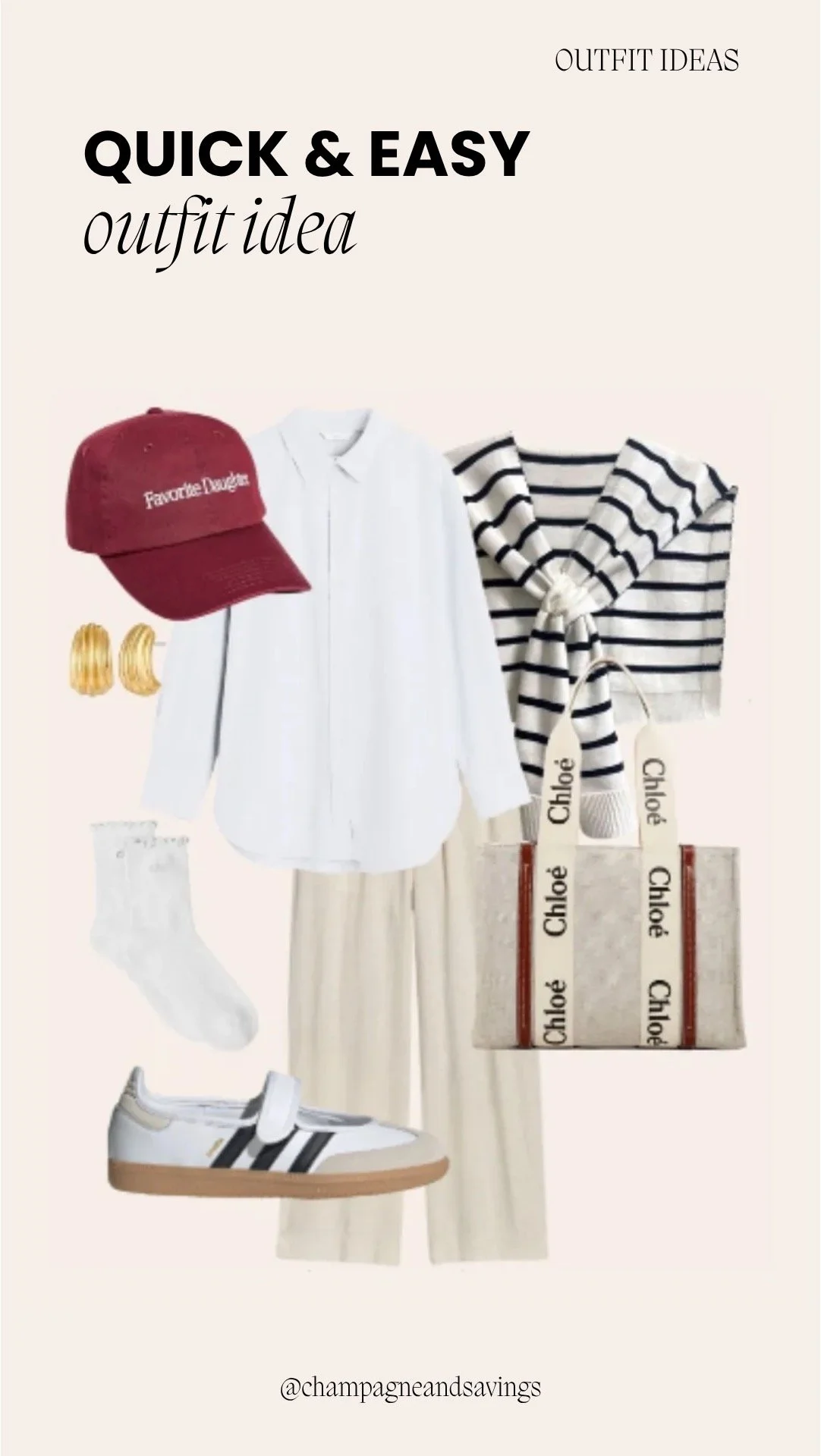 Collage of outfit pieces featuring a white button-down, cream trousers, and a striped sweater for a classic, layered look.