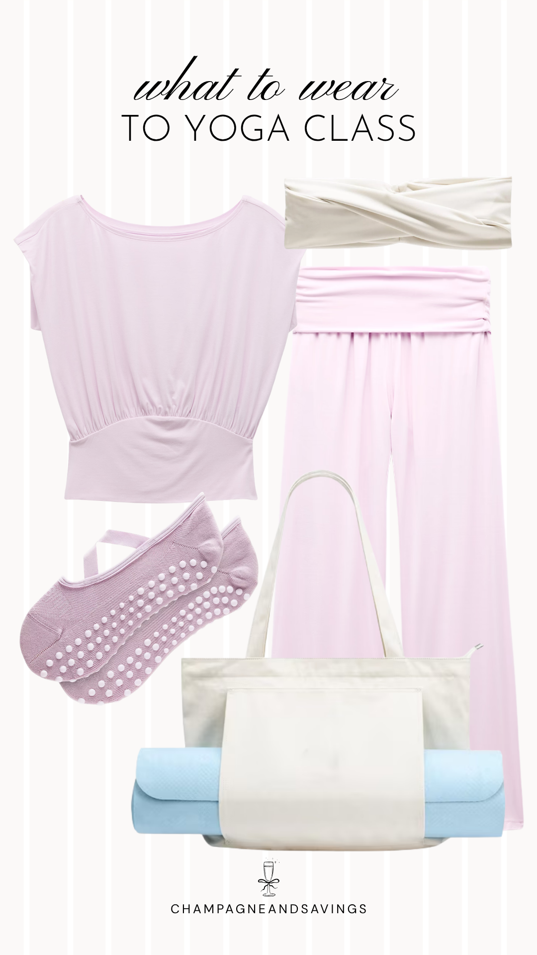 Collage of yoga outfit pieces featuring a lilac boatneck top paired with flowy pink pants, creating a soft, relaxed, and comfortable look for yoga class, meditation, or gentle stretching sessions.