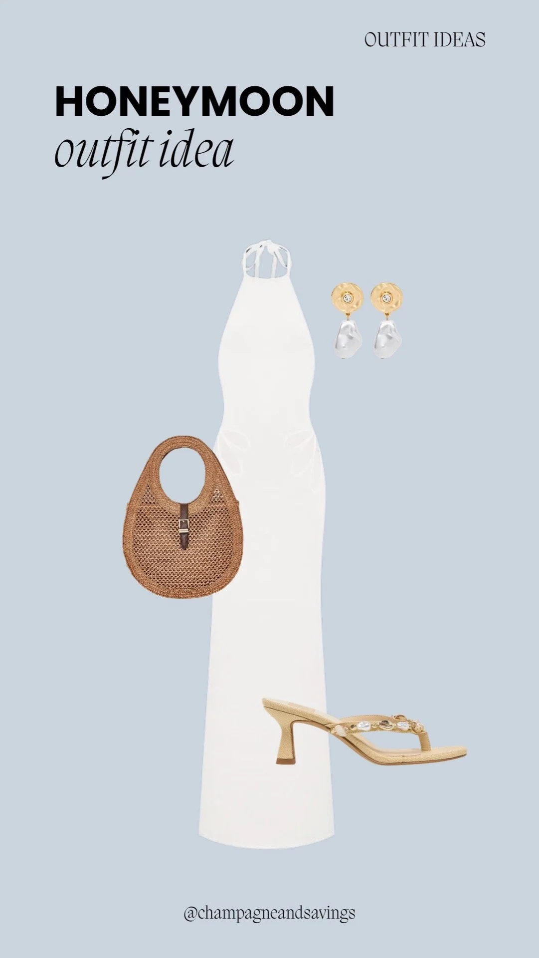 Honeymoon outfit idea collage featuring a white halter maxi dress styled with coordinated accessories for an elegant and romantic bridal vacation look.