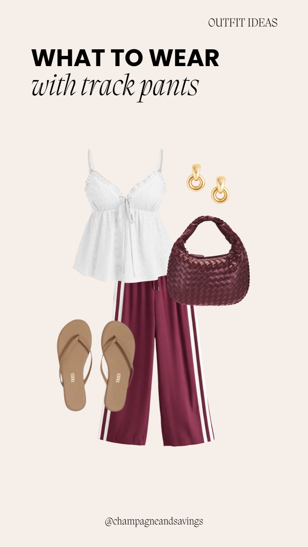 Collage of outfit pieces for a “Burgundy Track Pants with a Flowy Tank” look, featuring burgundy track pants paired with a flowy tank top and casual accessories, styled in a relaxed sporty aesthetic.
