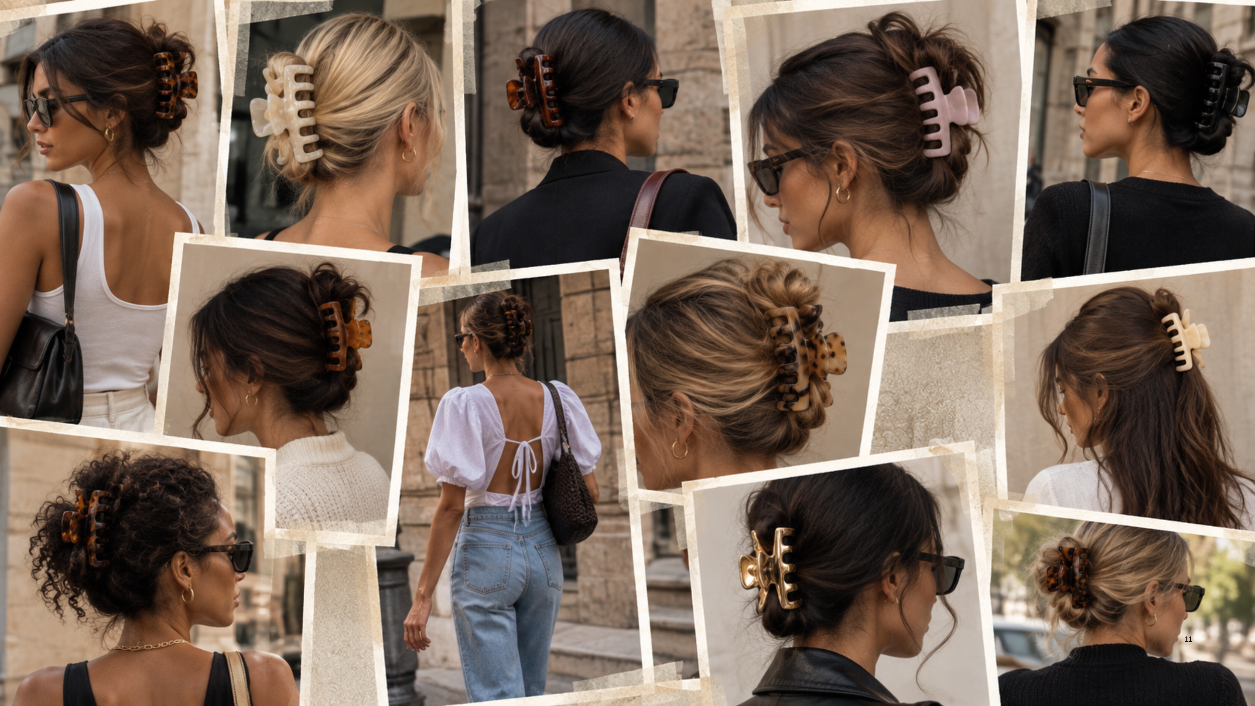 Collage featuring claw clips styled in trendy millennial-inspired outfits for 2027.