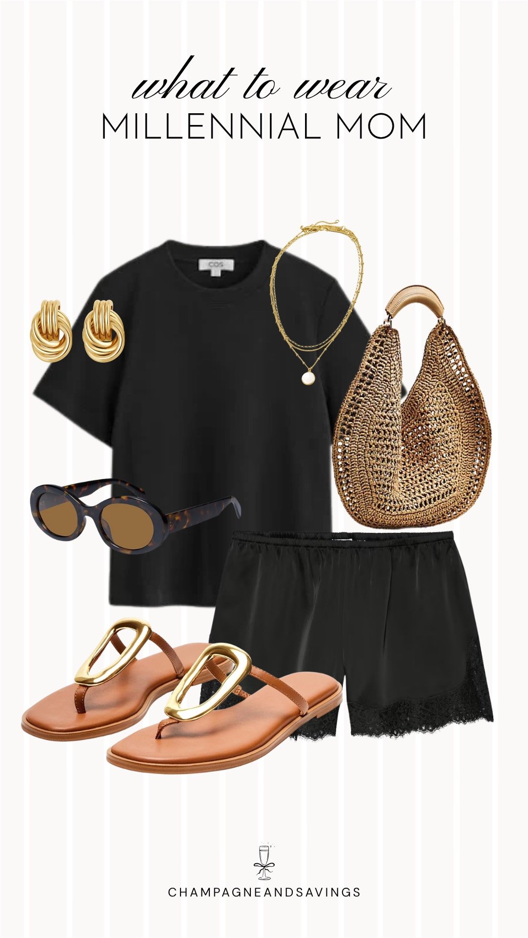 Collage of outfit pieces featuring a black tee paired with lace satin shorts and sandals for an effortless millennial mom outfit that blends casual comfort with a feminine touch.