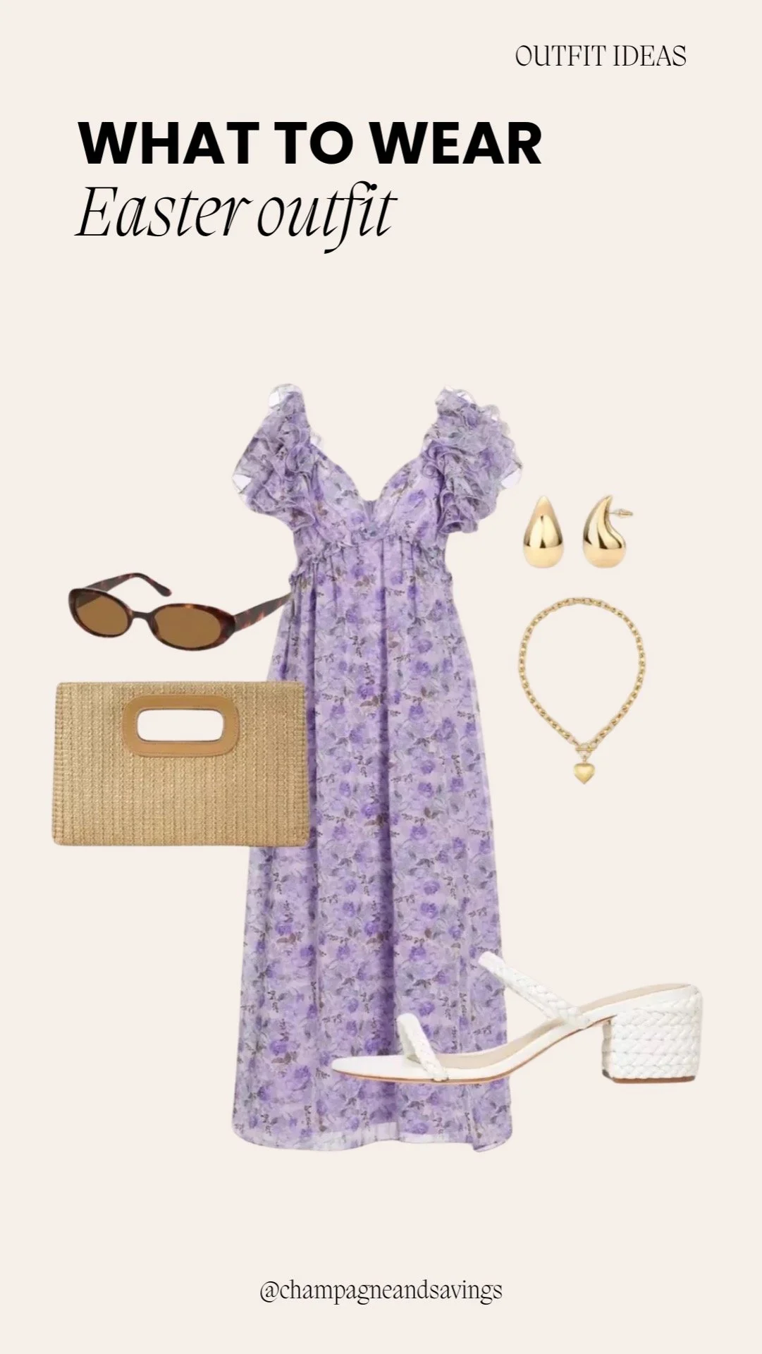 Easter outfit ideas collage showing a purple floral maxi dress with ruffle sleeves and coordinating accessories.