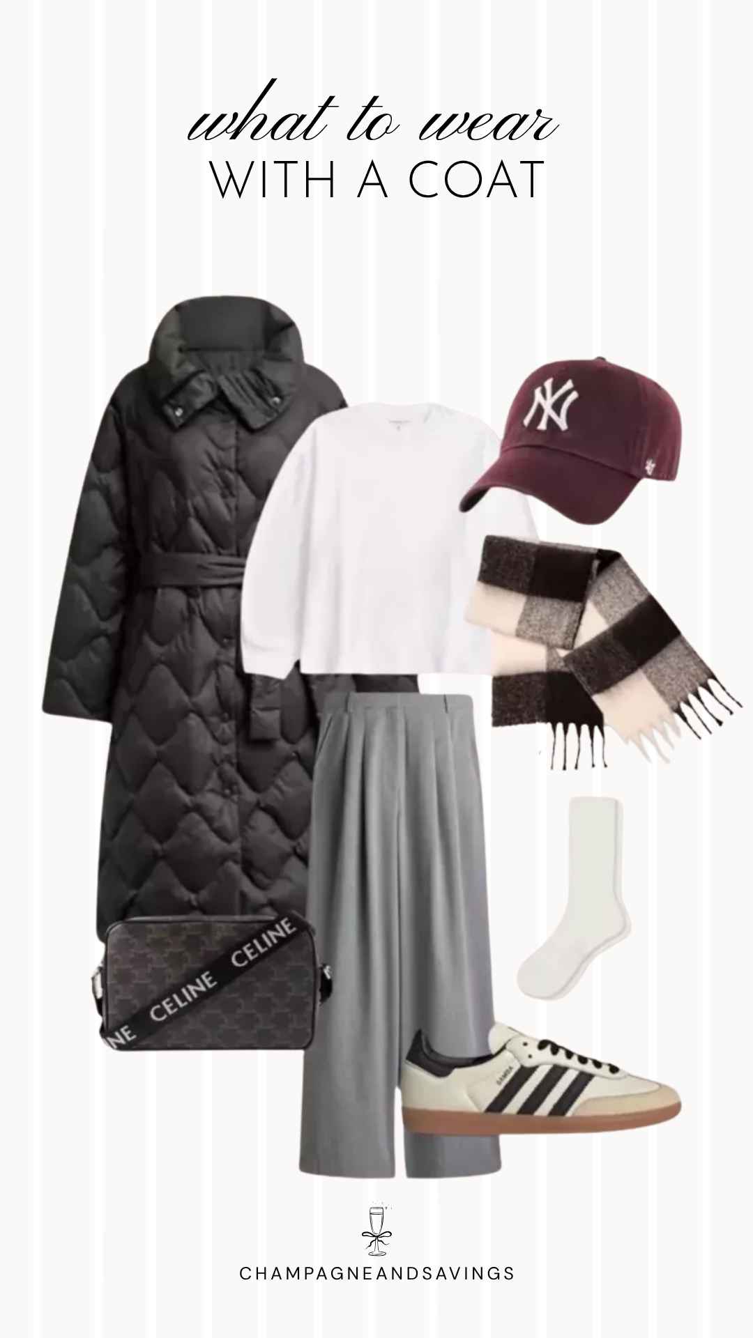 Coat styling idea featuring a white sweater layered with a puffer coat and paired with wide leg trousers, shown in a fall fashion collage with coordinated outfit pieces for a cozy and modern layered look.