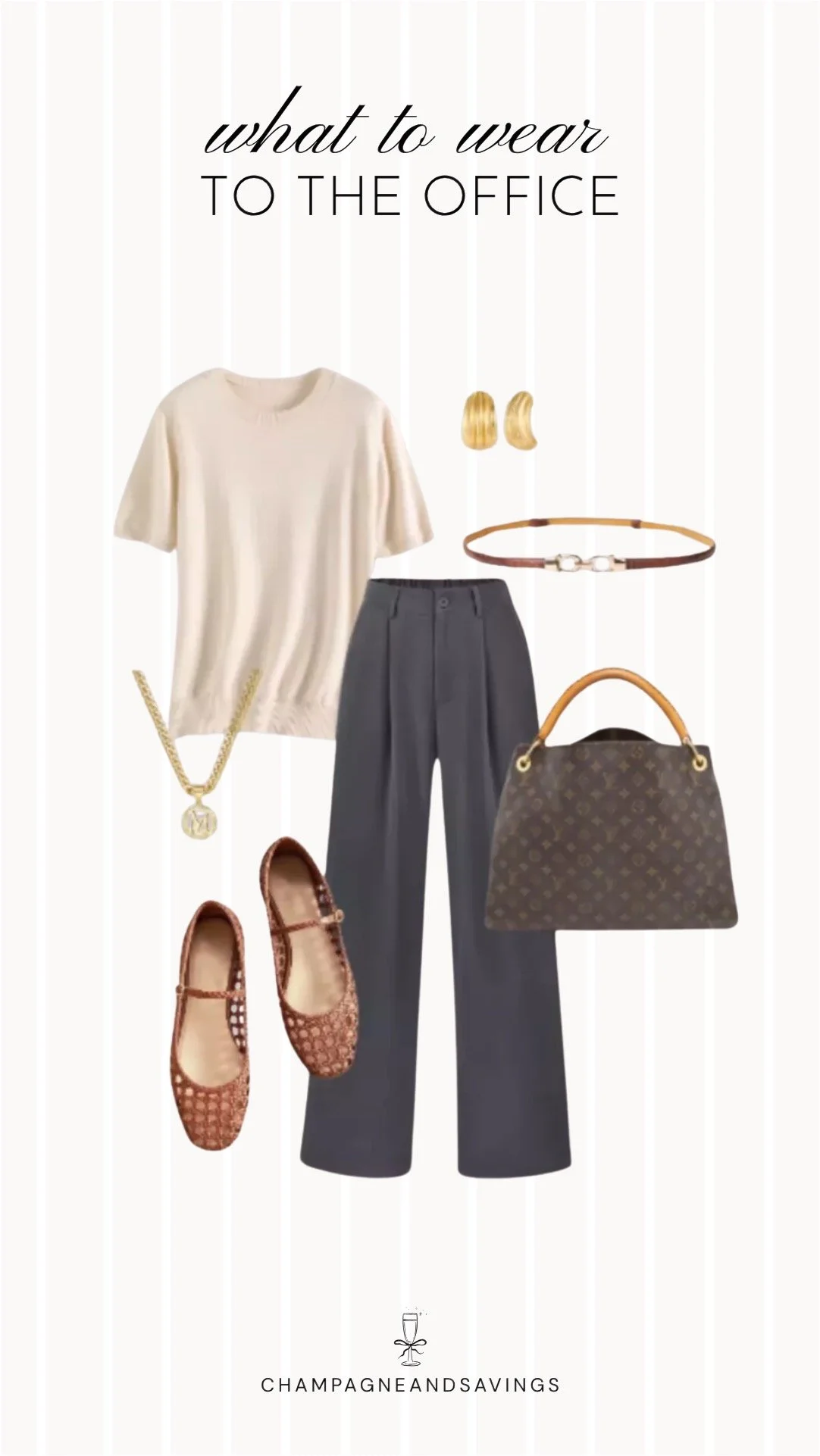 Collage of outfit pieces featuring a cream sweater top styled with dark grey wide leg trousers for a chic and cozy summer office outfit idea when the office is freezing.