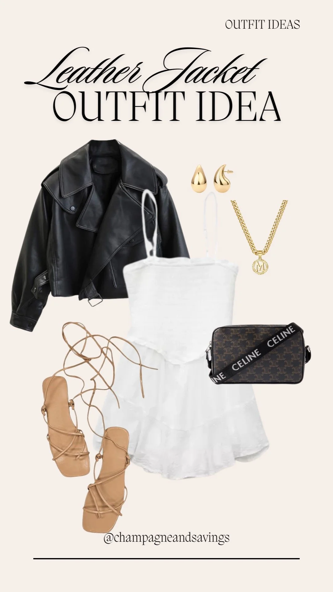 leather jacket, White Dress and Sandals