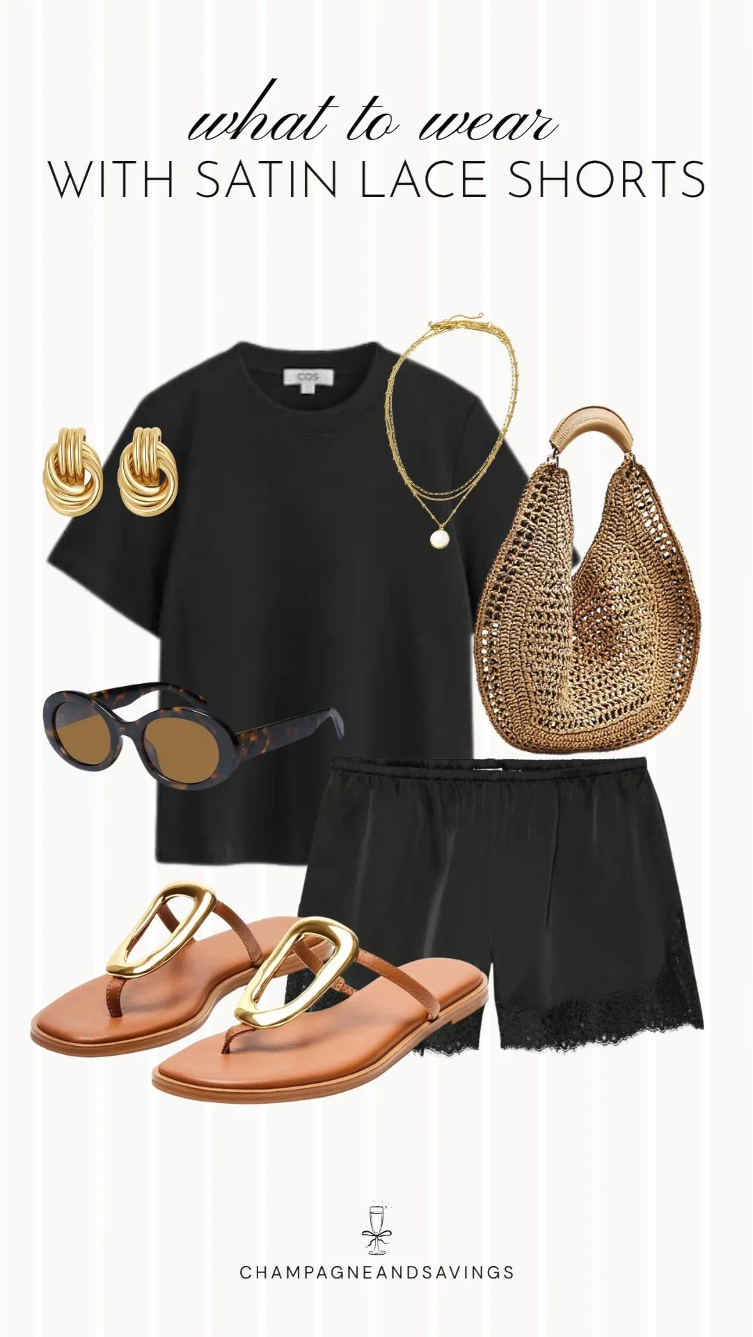 Collage of outfit pieces featuring satin lace shorts styled with a black tee and slide sandals for a casual, chic look