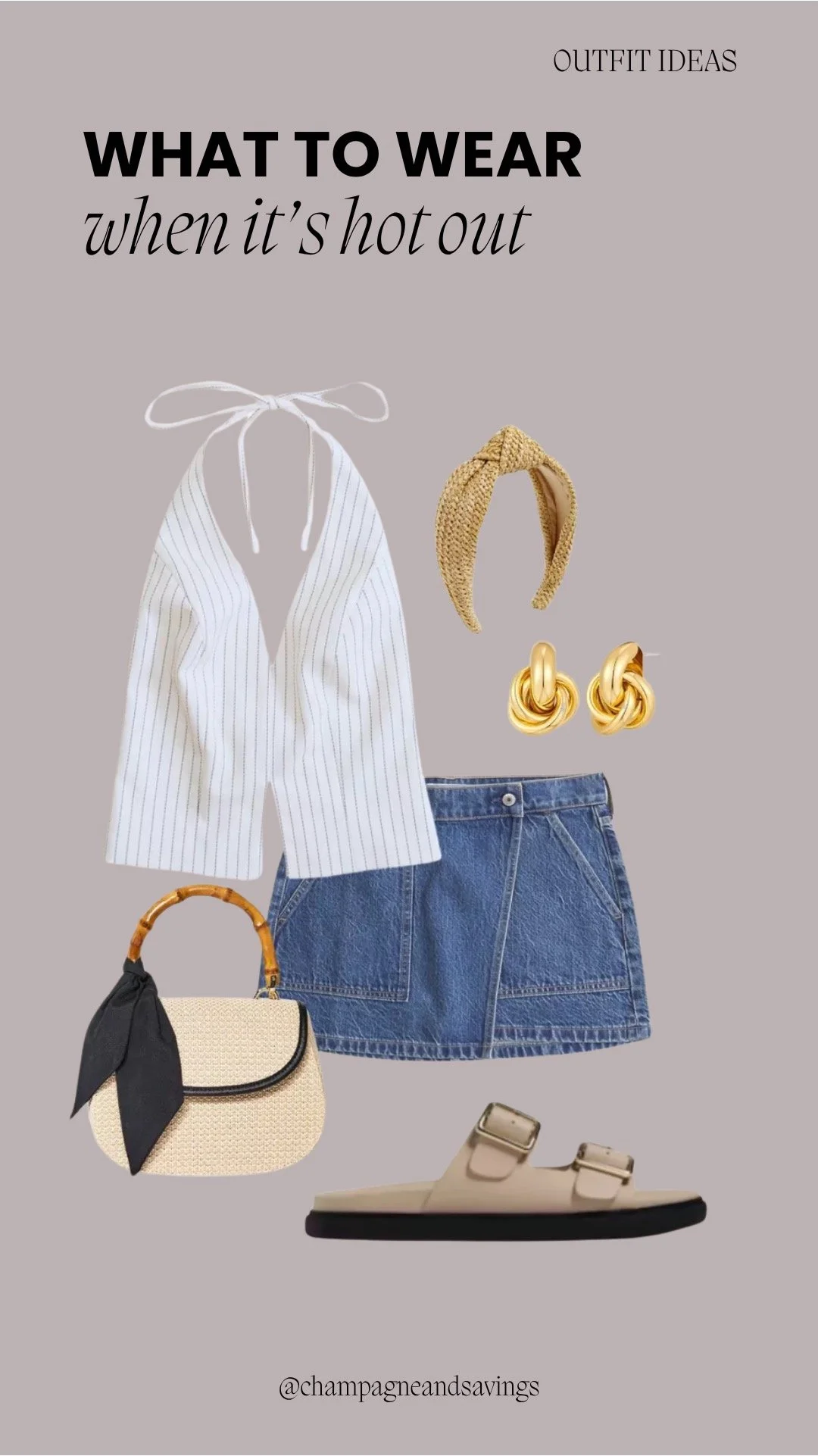 Hot weather outfit collage featuring a pinstripe halter top paired with a denim mini skirt and sandals for a breezy, put-together summer look