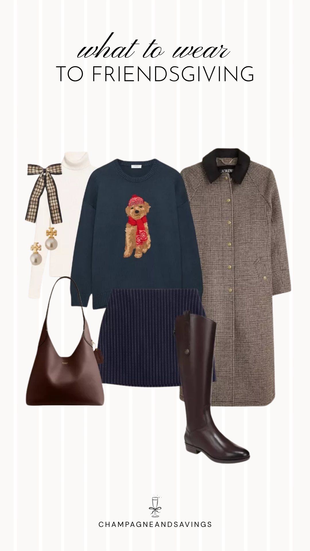 Friendsgiving outfit idea featuring a Ralph Lauren-inspired sweater paired with a pinstripe skirt and tall boots, styled together in a classic fall fashion collage for a cozy and polished holiday gathering.