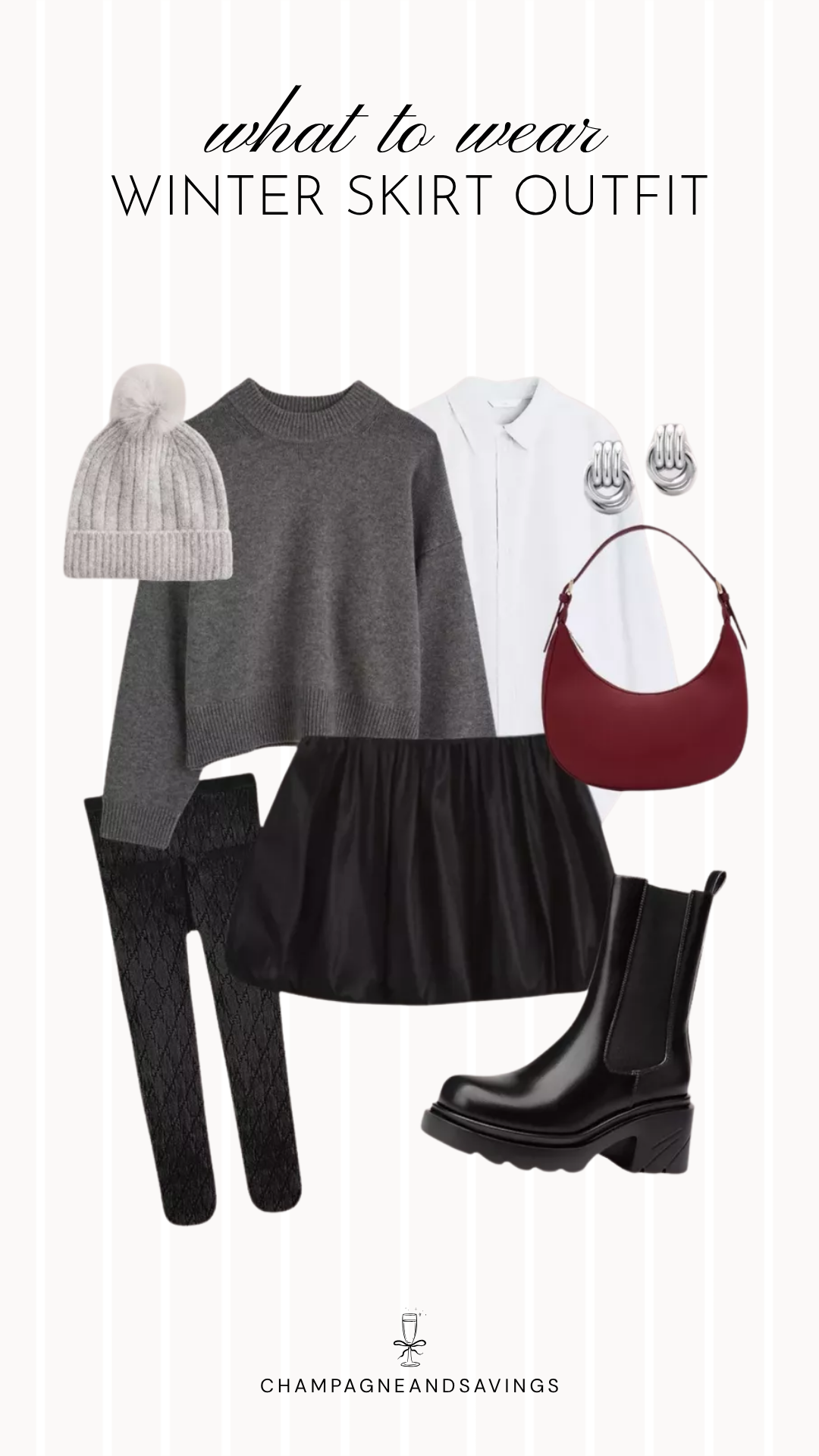 Mini skirt and gray sweater winter outfit idea with cozy accessories and cold-weather layers for a chic seasonal look.