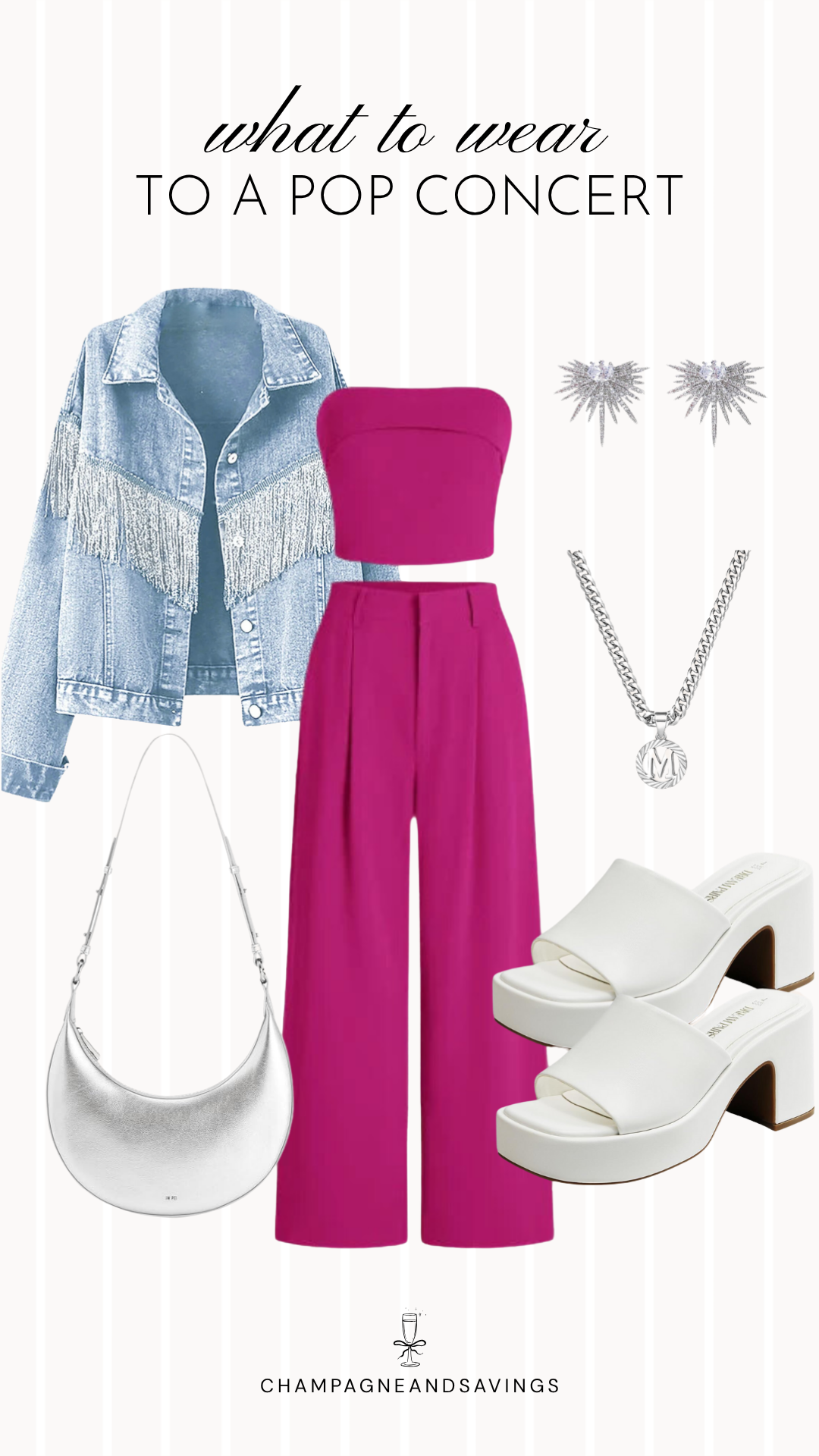 Collage of outfit pieces featuring a magenta matching set paired with a fringe denim jacket, creating a bold and eye-catching pop concert outfit idea.