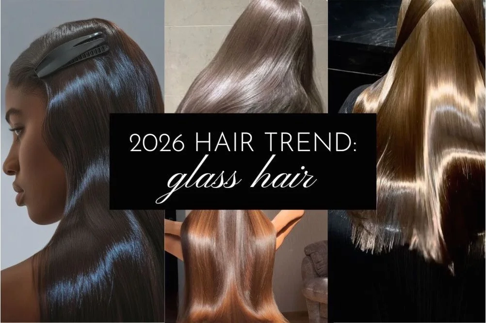 collage of the 2026 hair trend: glass hair