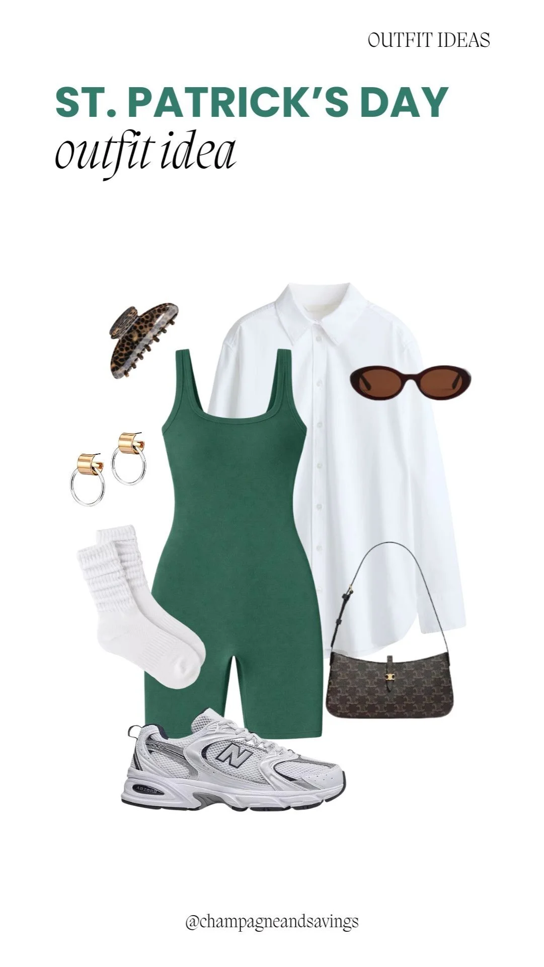 Green romper layered with a white button-down shirt for a playful and festive St. Patrick’s Day outfit.