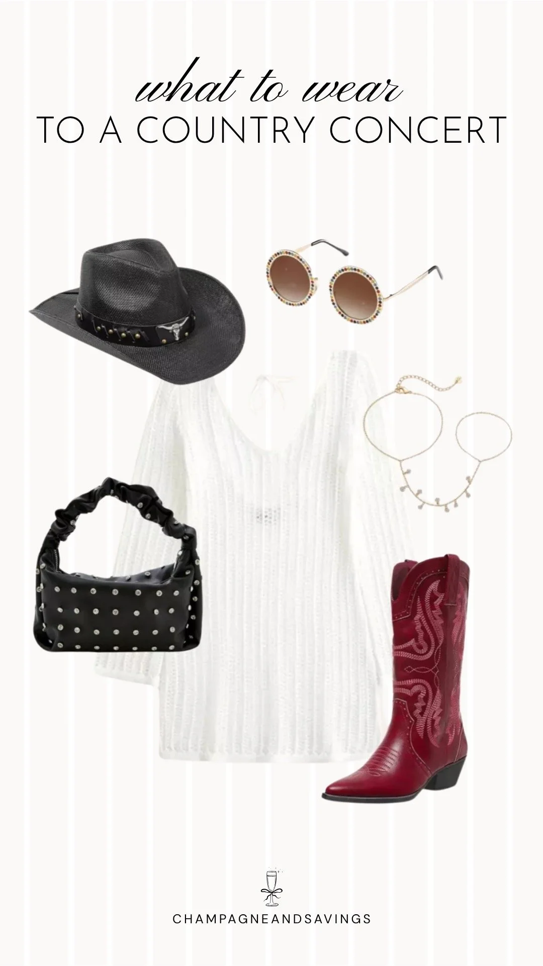 Collage of outfit pieces featuring a white crochet top styled with red cowboy boots and a black hat for a bold and trendy country concert outfit idea.