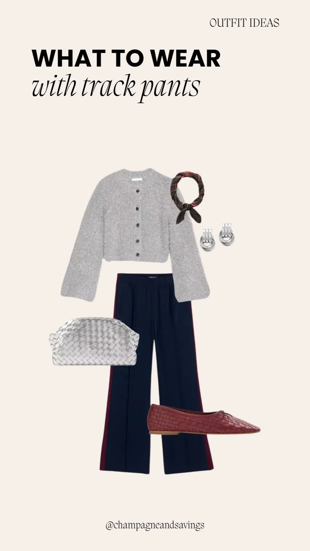 Collage of outfit pieces for a “Navy Track Pants with a Cropped Cardigan” look, featuring navy track pants paired with a cropped cardigan and casual coordinating pieces, styled in a relaxed sporty aesthetic.
