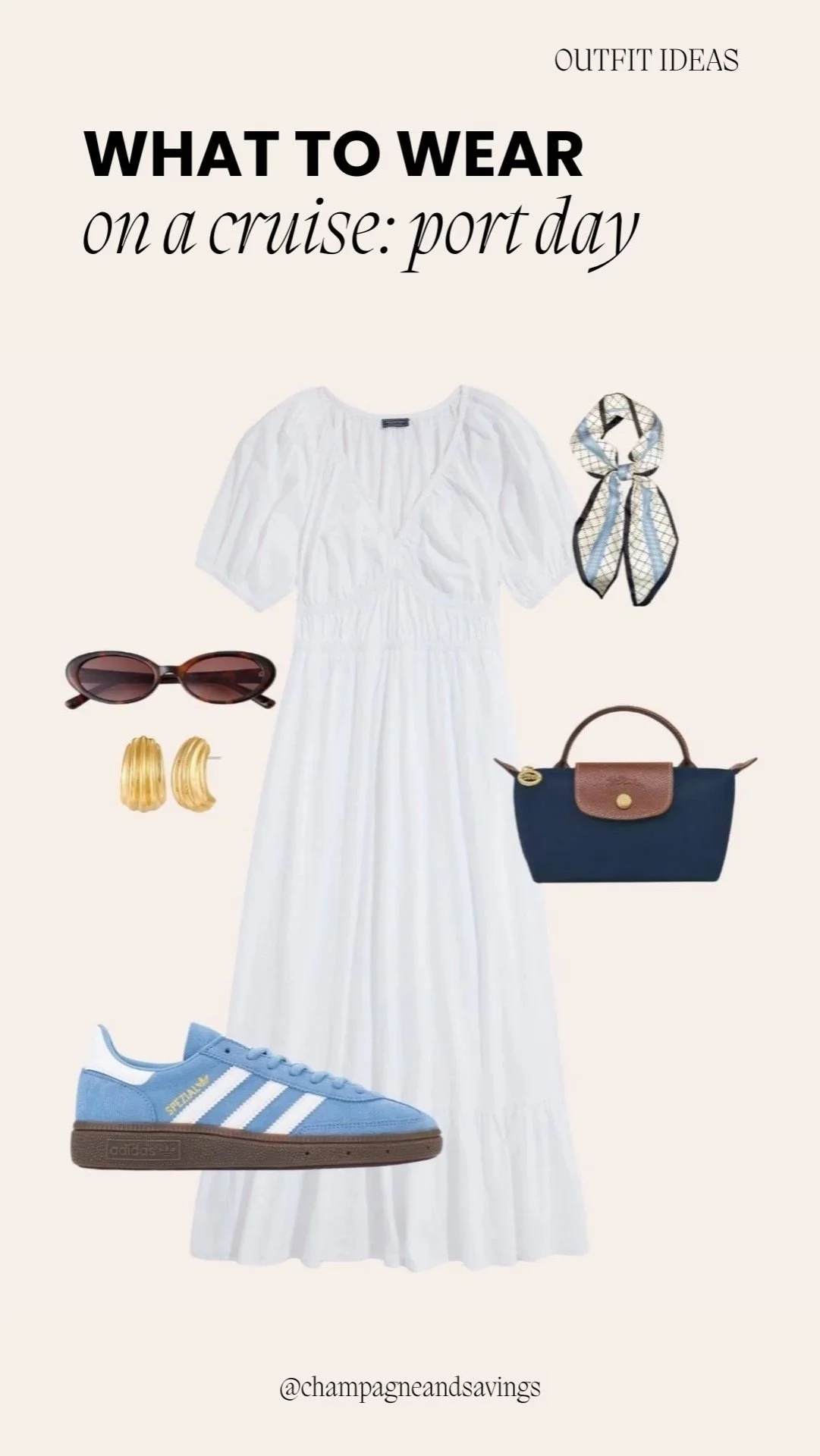 White midi dress paired with sneakers, styled as a comfortable and chic cruise outfit perfect for daytime excursions and casual strolls.