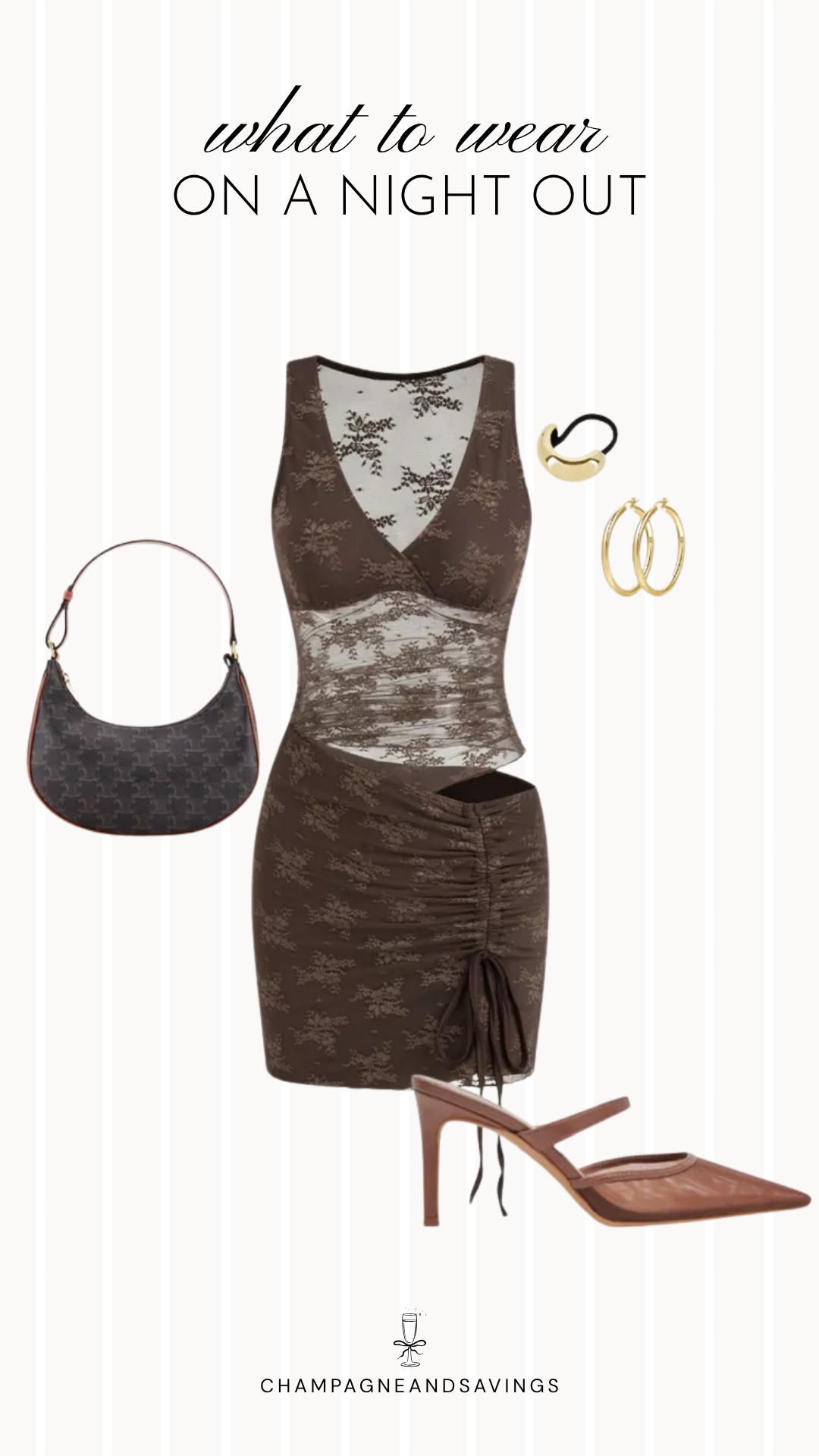 Fall going out outfit idea featuring a lace mesh dress with gold hoop earrings and mule heels, styled in a collage of outfit pieces for an elegant autumn night out look.