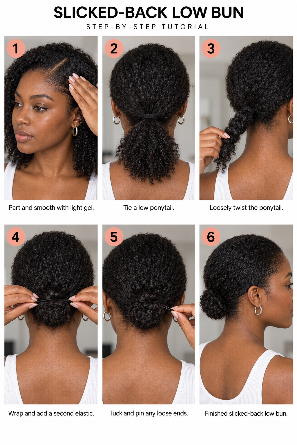 Step by step tutorial on how to do a slicked-back low bun.