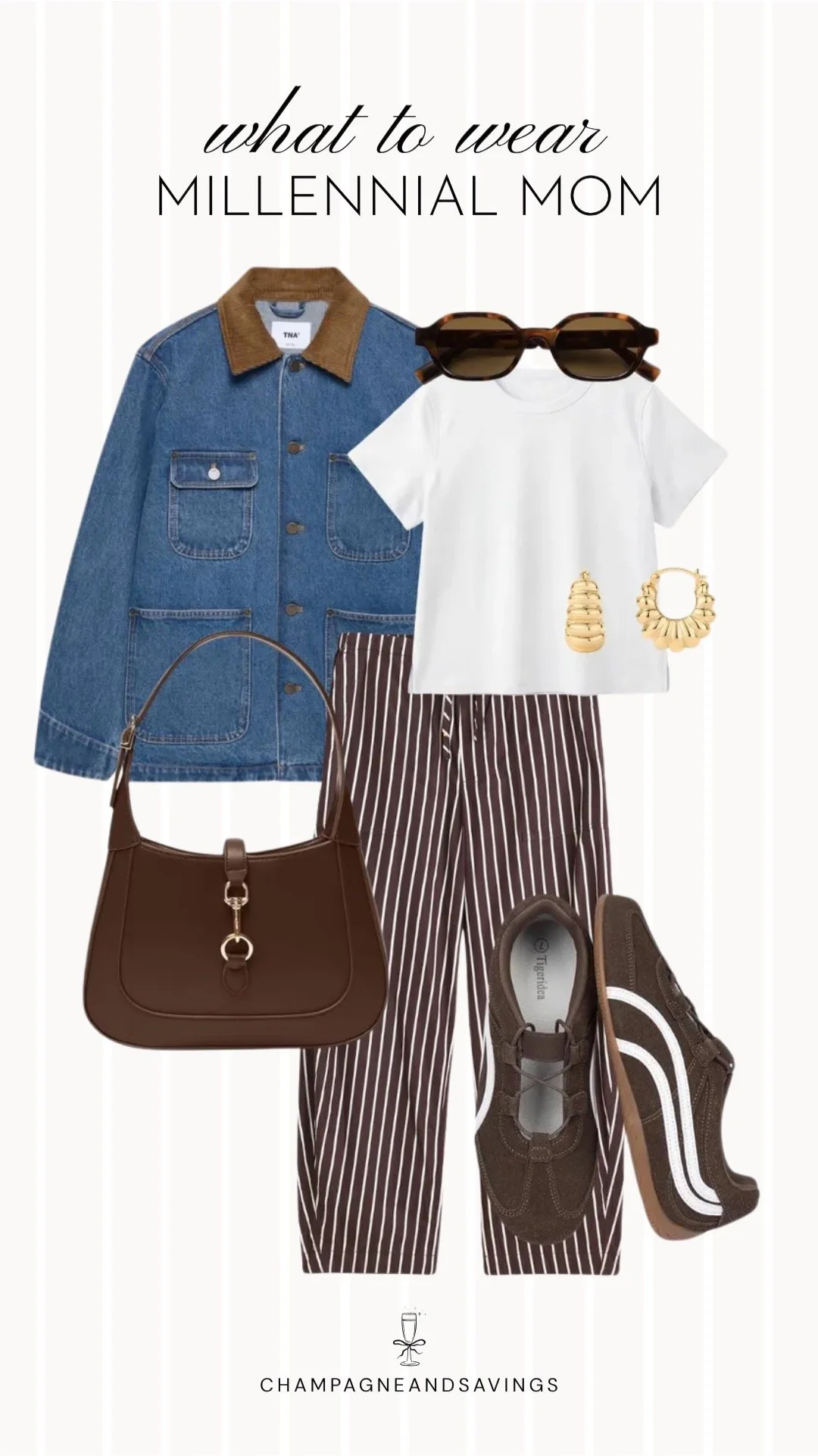 Collage of outfit pieces featuring a denim barn jacket layered over a white tee, paired with striped pants for a casual and stylish millennial mom outfit.