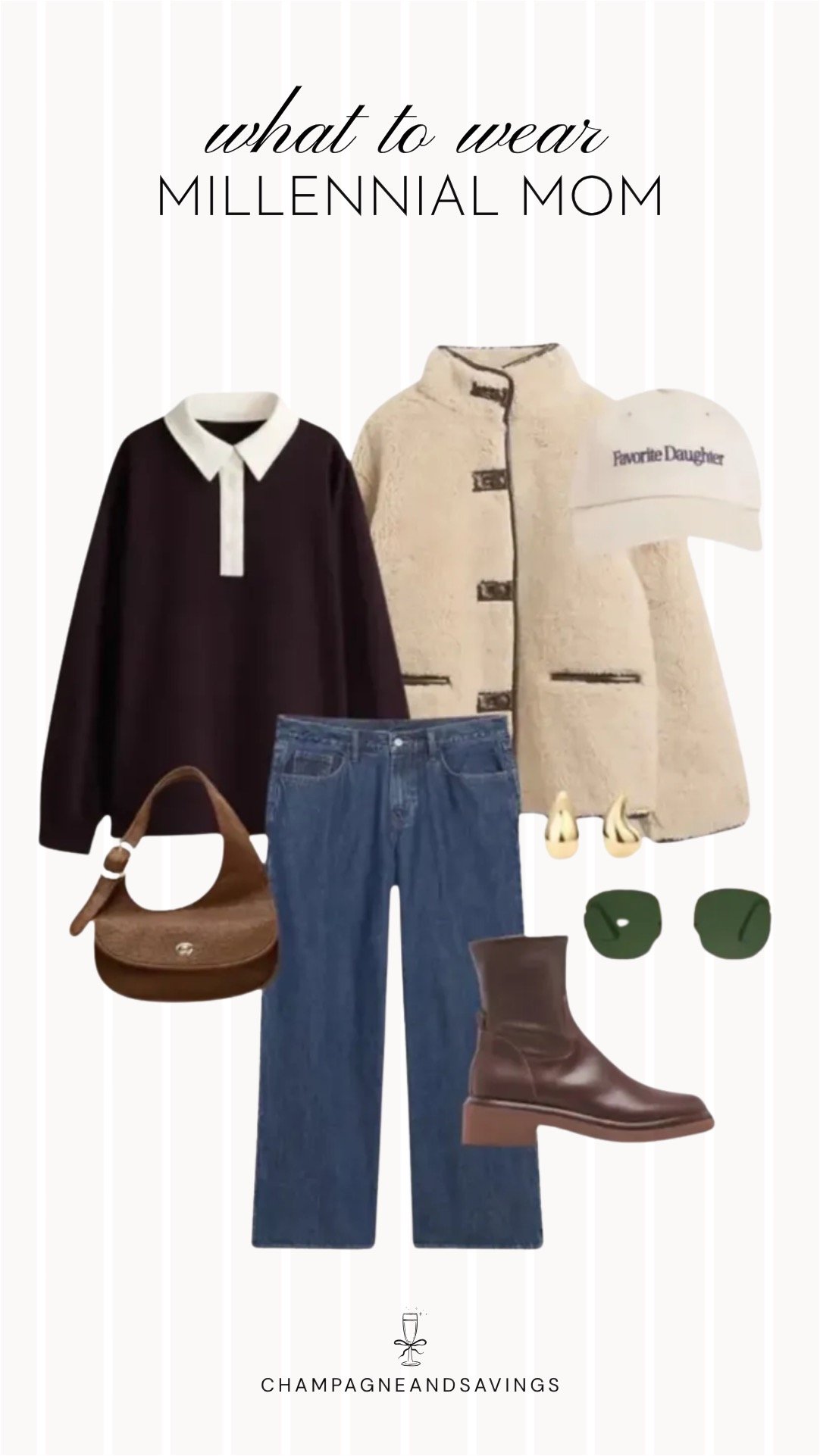 Collage of outfit pieces featuring a rugby shirt layered with a sherpa jacket and paired with jeans for a cozy and casual millennial mom outfit.