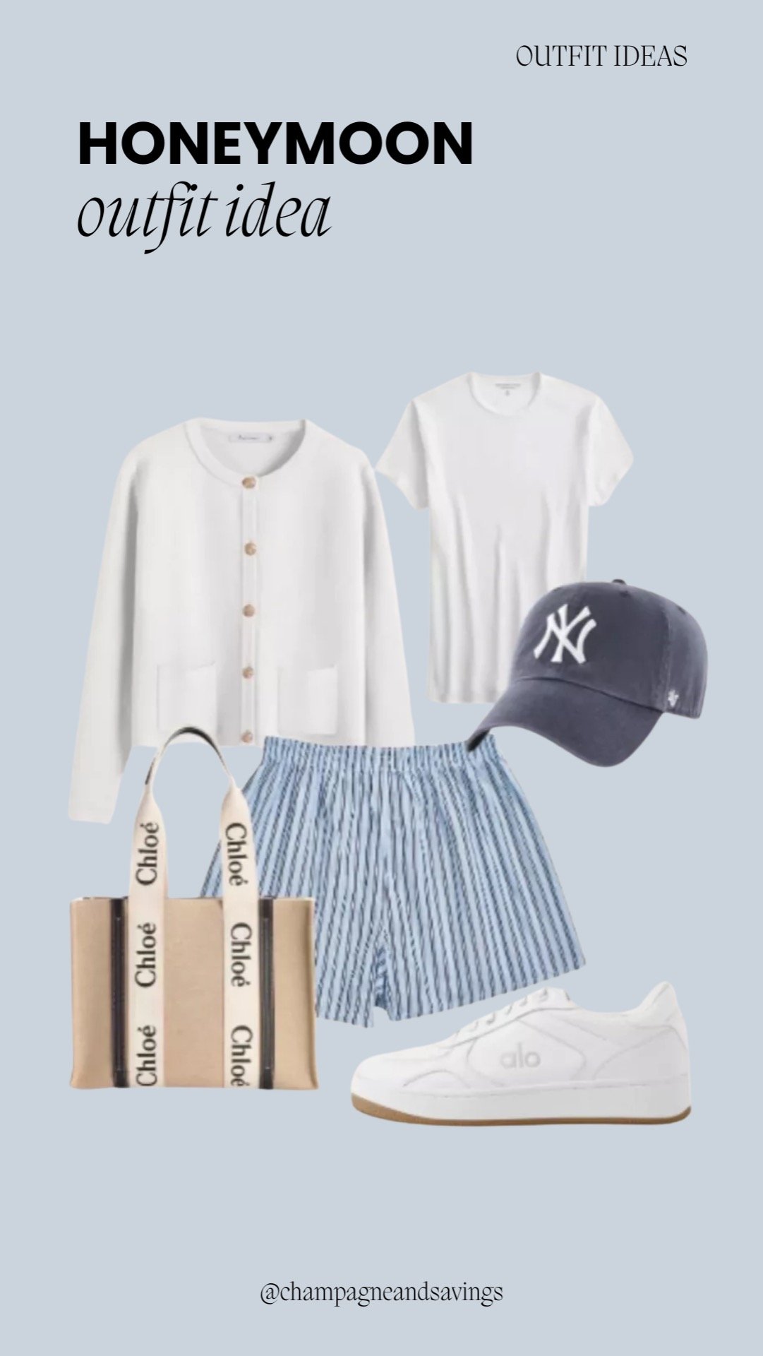 Honeymoon outfit idea collage featuring a white cardigan paired with striped shorts, styled with accessories for a relaxed and stylish bridal vacation look.