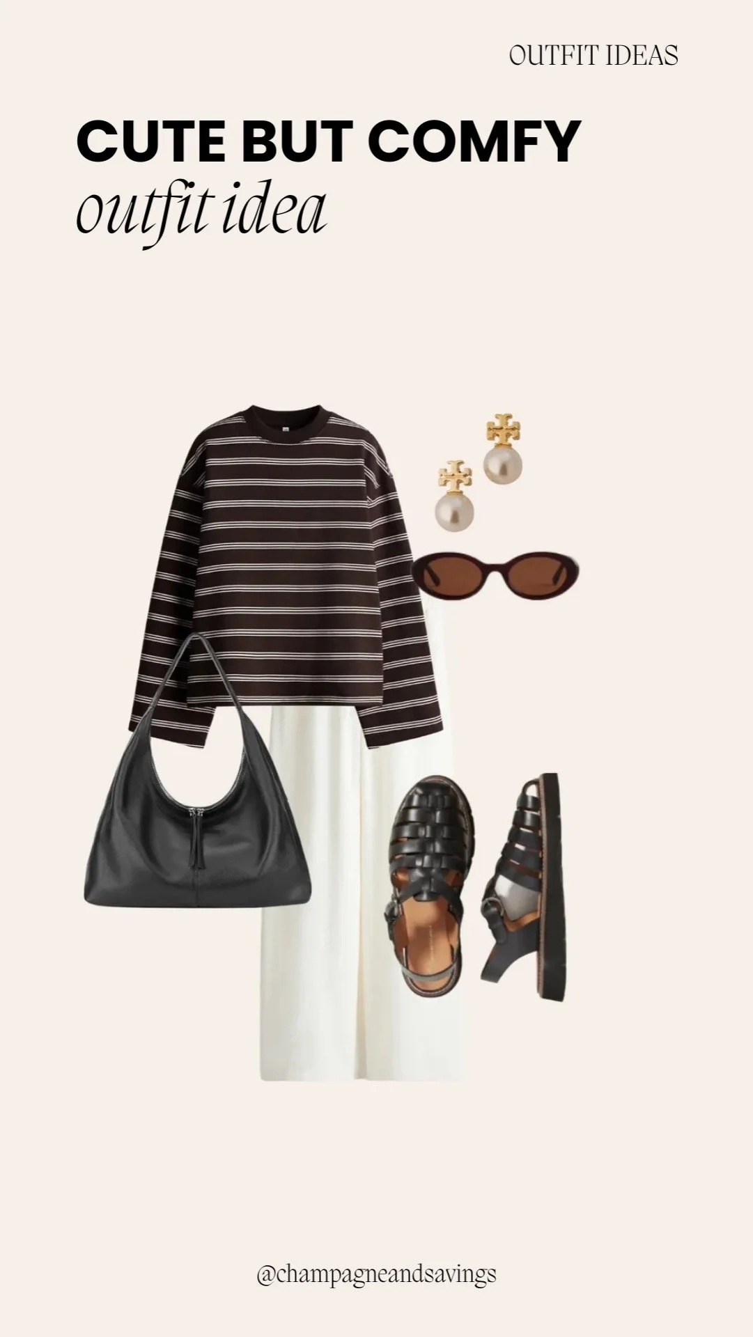 Outfit collage showing a cute and comfy outfit idea with a striped top and linen pants.