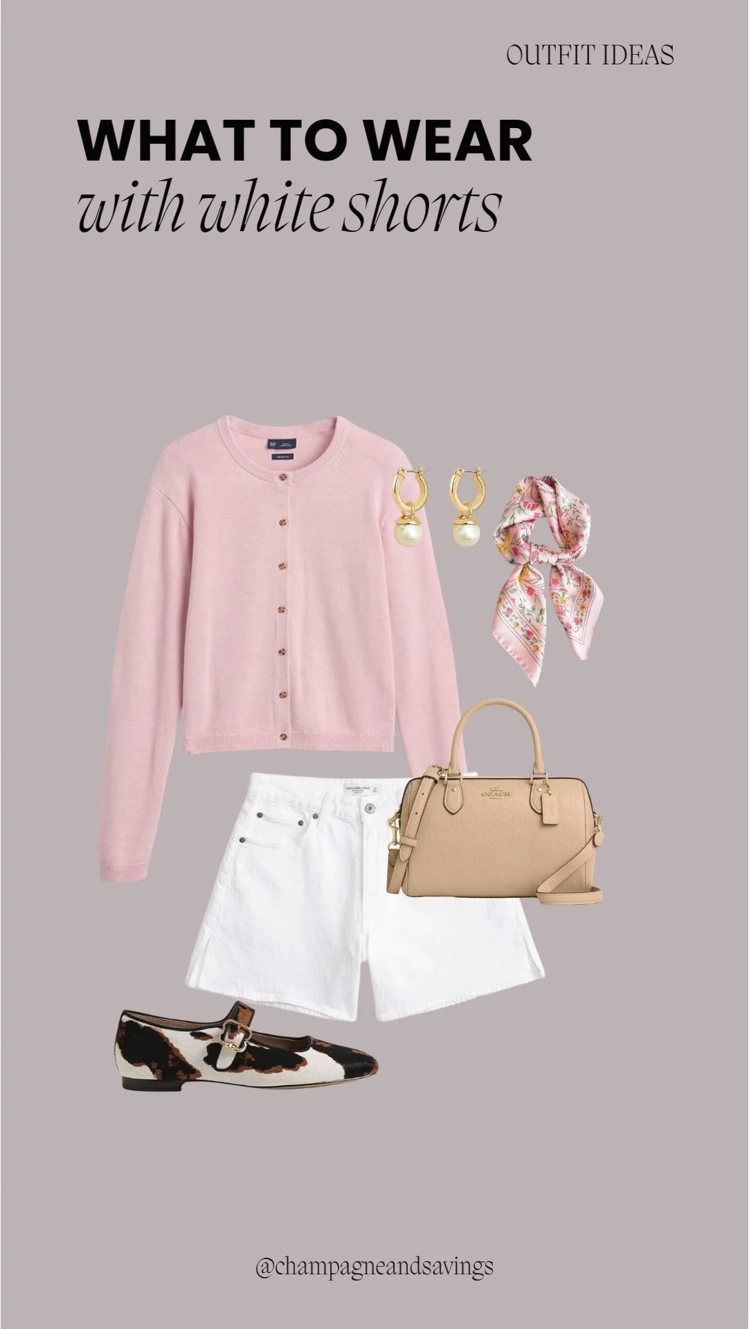 Collage of outfit pieces featuring white shorts styled with a pink cardigan and cow print flats for a fun, trendy look.