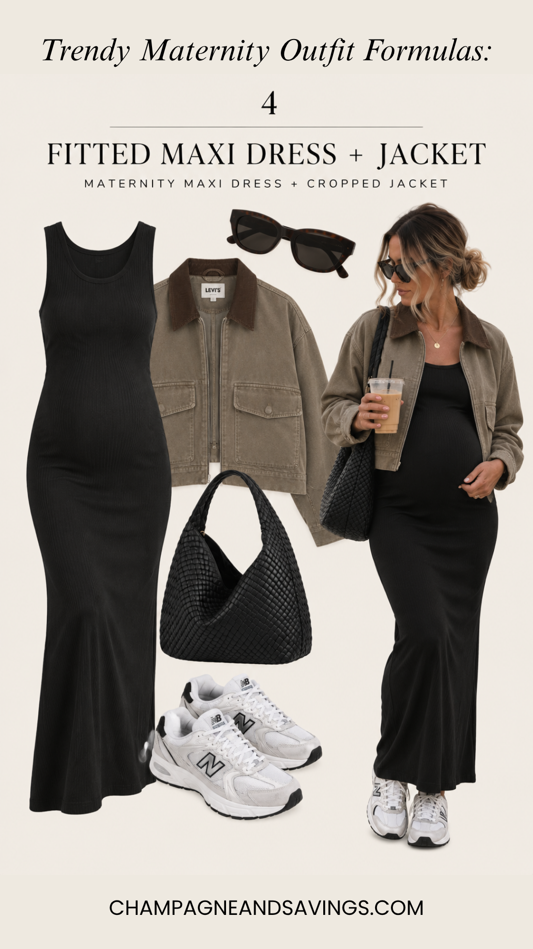 Fitted maxi dress with a cropped jacket pregnancy outfit formula featuring a collage of outfit pieces and a styled look for a trendy pregnancy outfit.