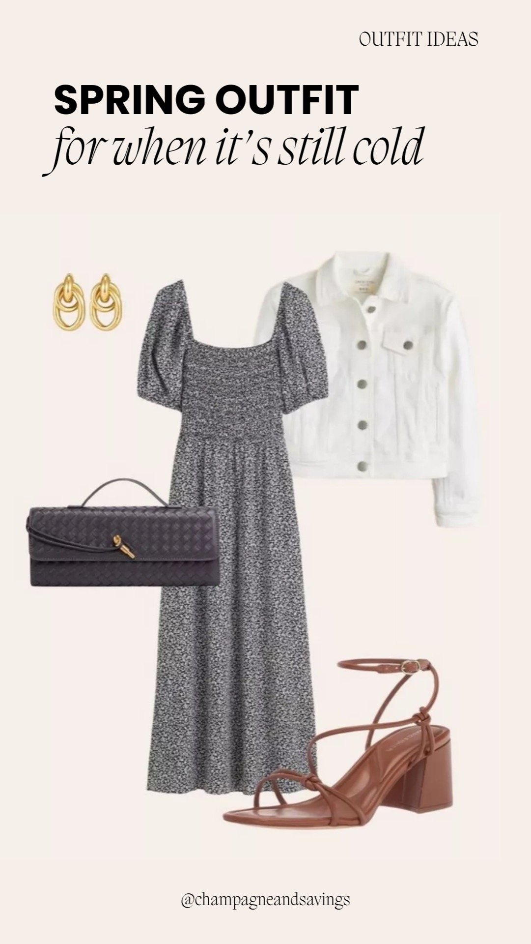 Midi dress outfit styled with a white denim jacket and casual accessories for a chic spring look.