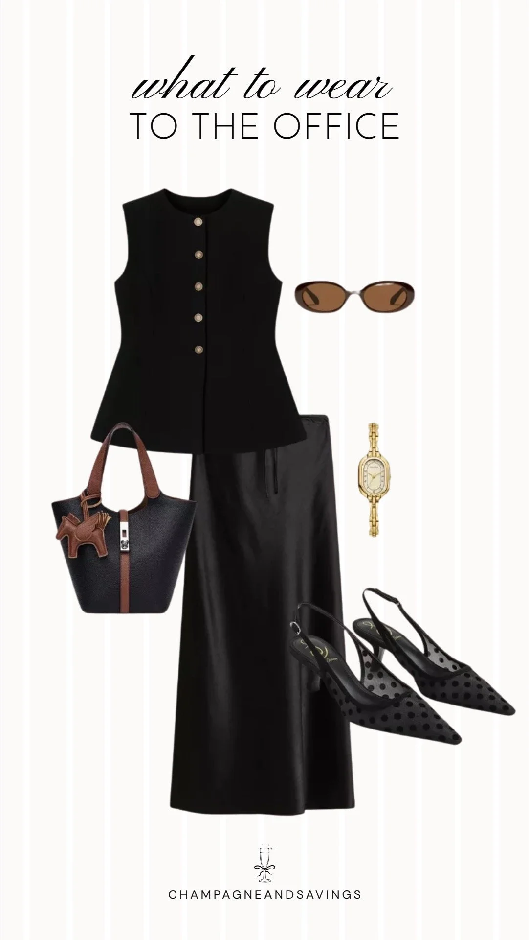 Collage of outfit pieces featuring a black vest paired with a satin skirt and polka dot slingback heels for a polished outfit that blends classic and feminine style.