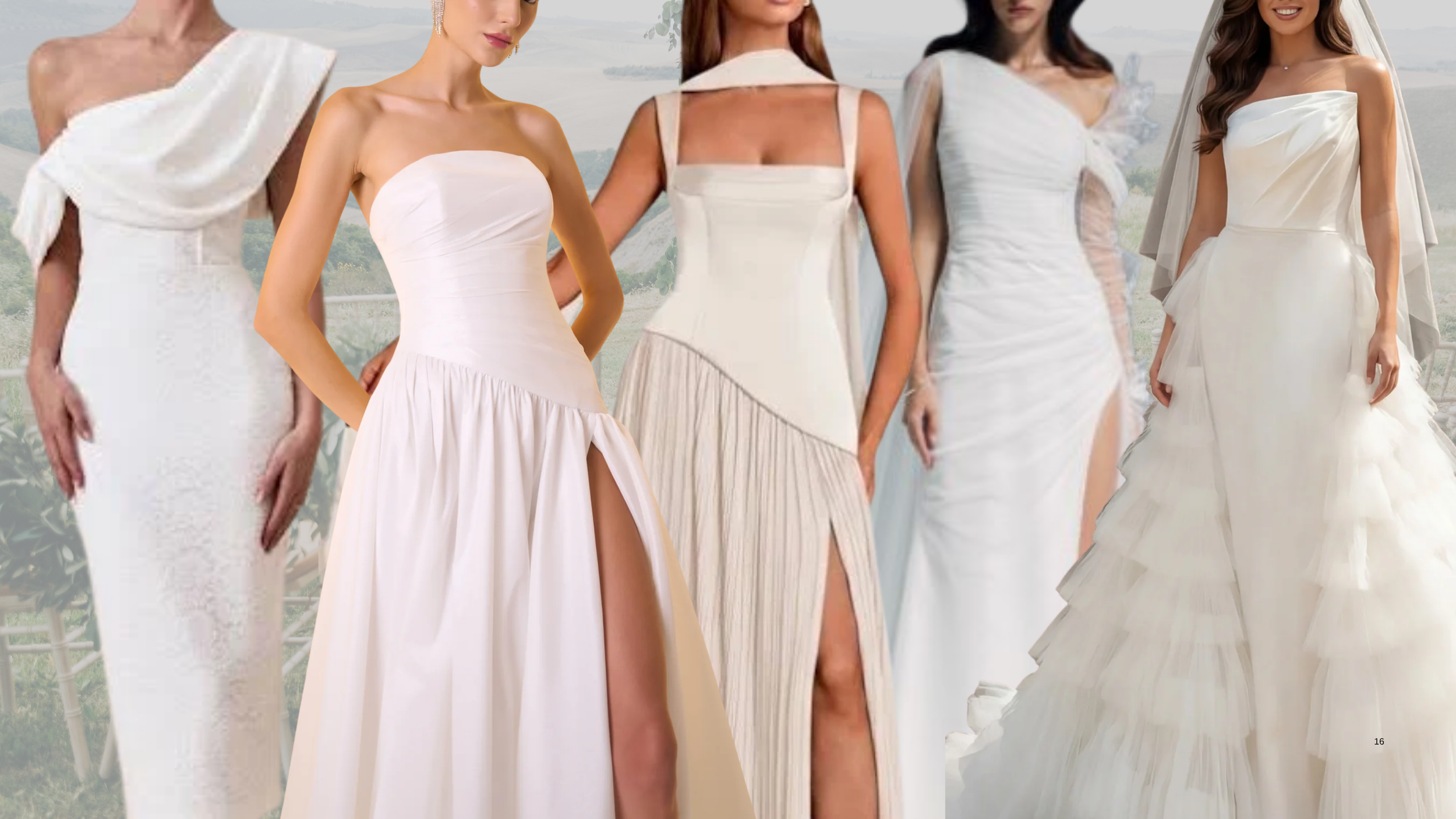 Collage of trending wedding gowns for 2027 featuring asymmetrical details.
