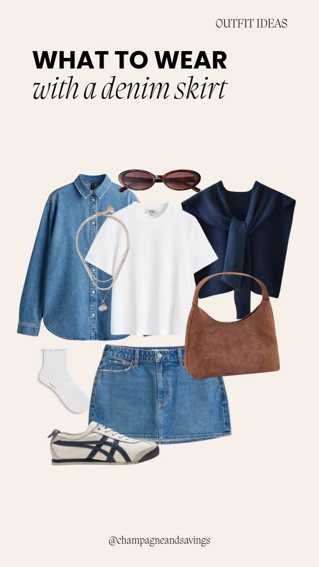 Mini skirt outfit idea featuring a denim mini skirt paired with a layered tee and denim button-down, styled together as coordinated outfit pieces.