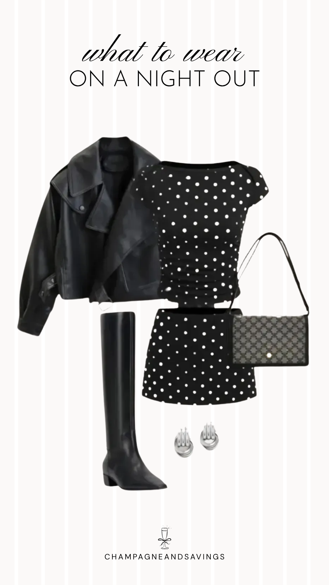 Fall going out outfit idea featuring a leather jacket layered over a polka dot set with tall boots, styled in a collage of outfit pieces for a trendy autumn night out look.