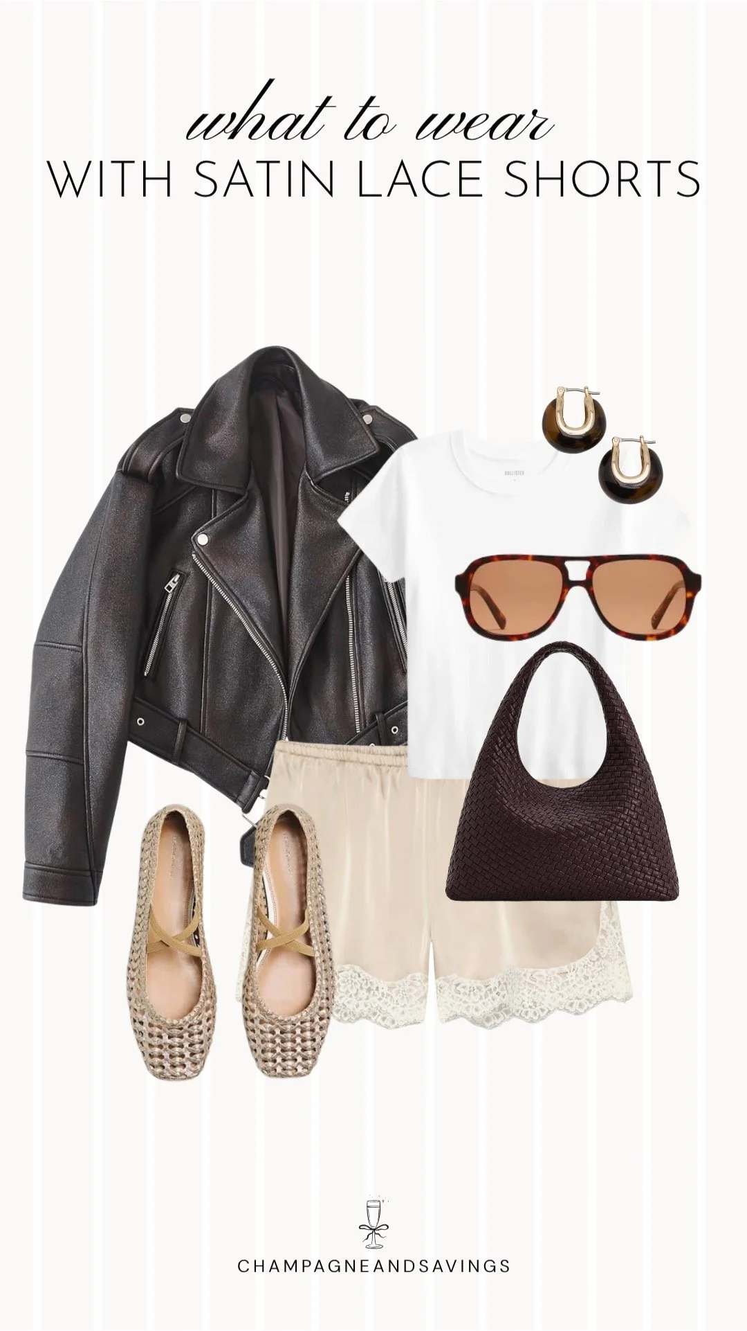 Collage of outfit pieces featuring satin lace shorts styled with a moto jacket and woven flats for an edgy, effortless outfit