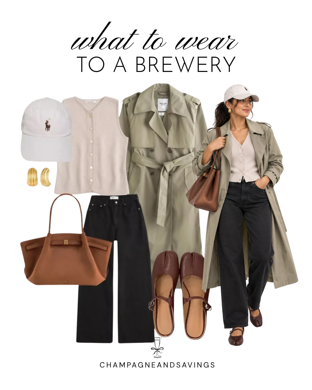 Chic fall brewery outfit featuring a beige trench coat, cream cardigan, black jeans, burgundy Mary Jane flats, and baseball cap.