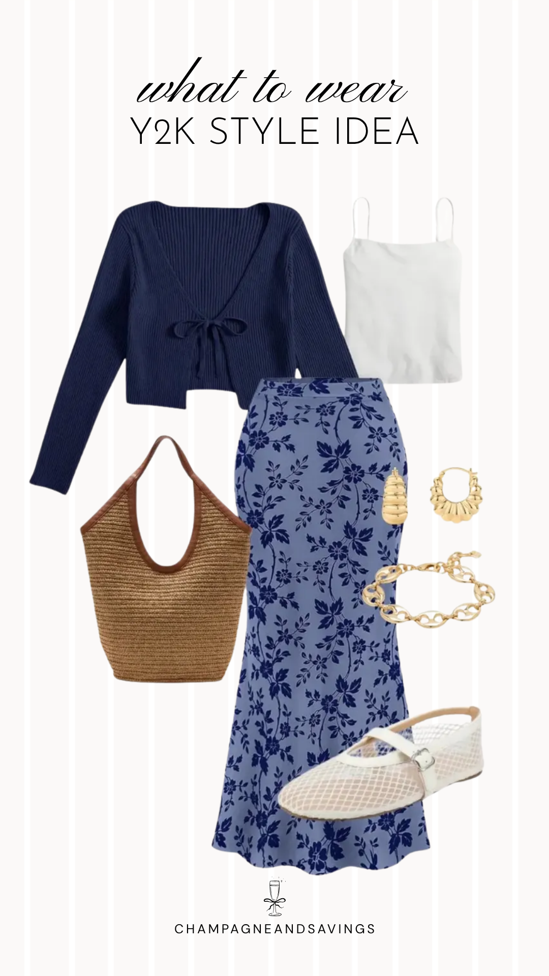 Y2K outfit idea collage featuring a floral midi skirt with a tie-front cardigan for a trendy 2026 look.