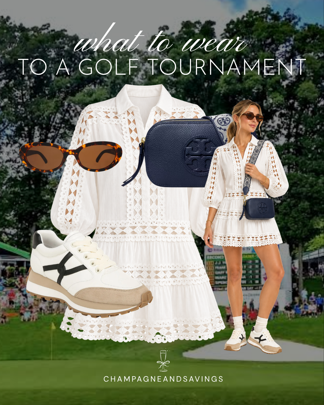 Cute golf tournament spectator outfit idea featuring a white lace mini dress and retro sneakers, shown in a collage of outfit pieces for a stylish day on the course.