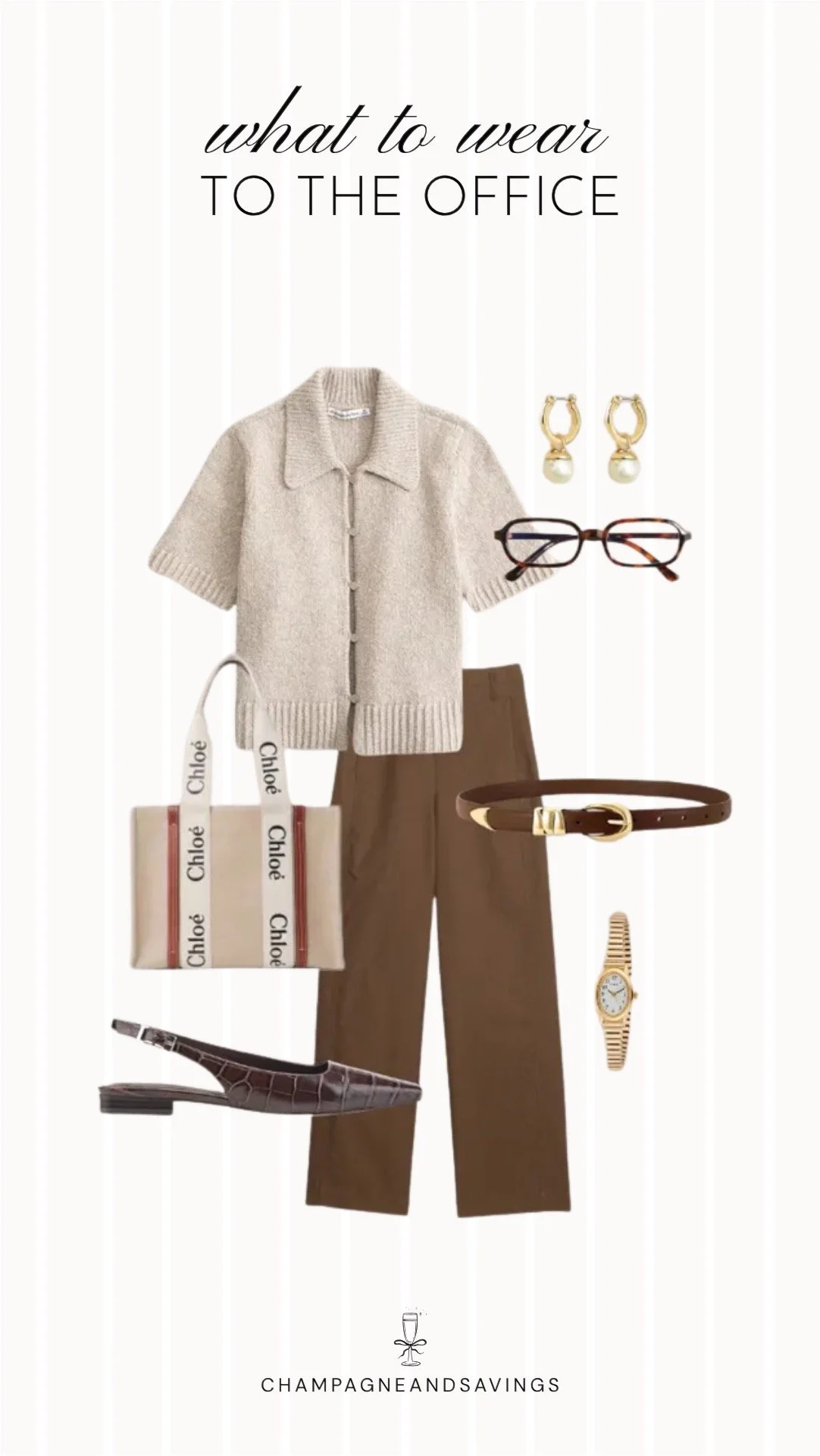 Collage of outfit pieces featuring a short sleeve knit cardigan styled with brown trousers for a polished and cozy summer office outfit idea when the office is freezing.