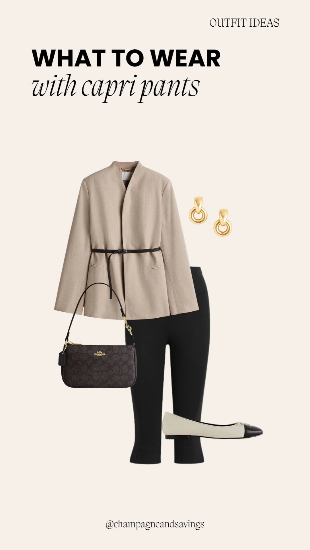 Collage of outfit pieces for a “Neutral Jacket and Two Tone Flats” capri pants look, featuring capri pants paired with a neutral jacket and two-tone flats, styled in a polished casual aesthetic.