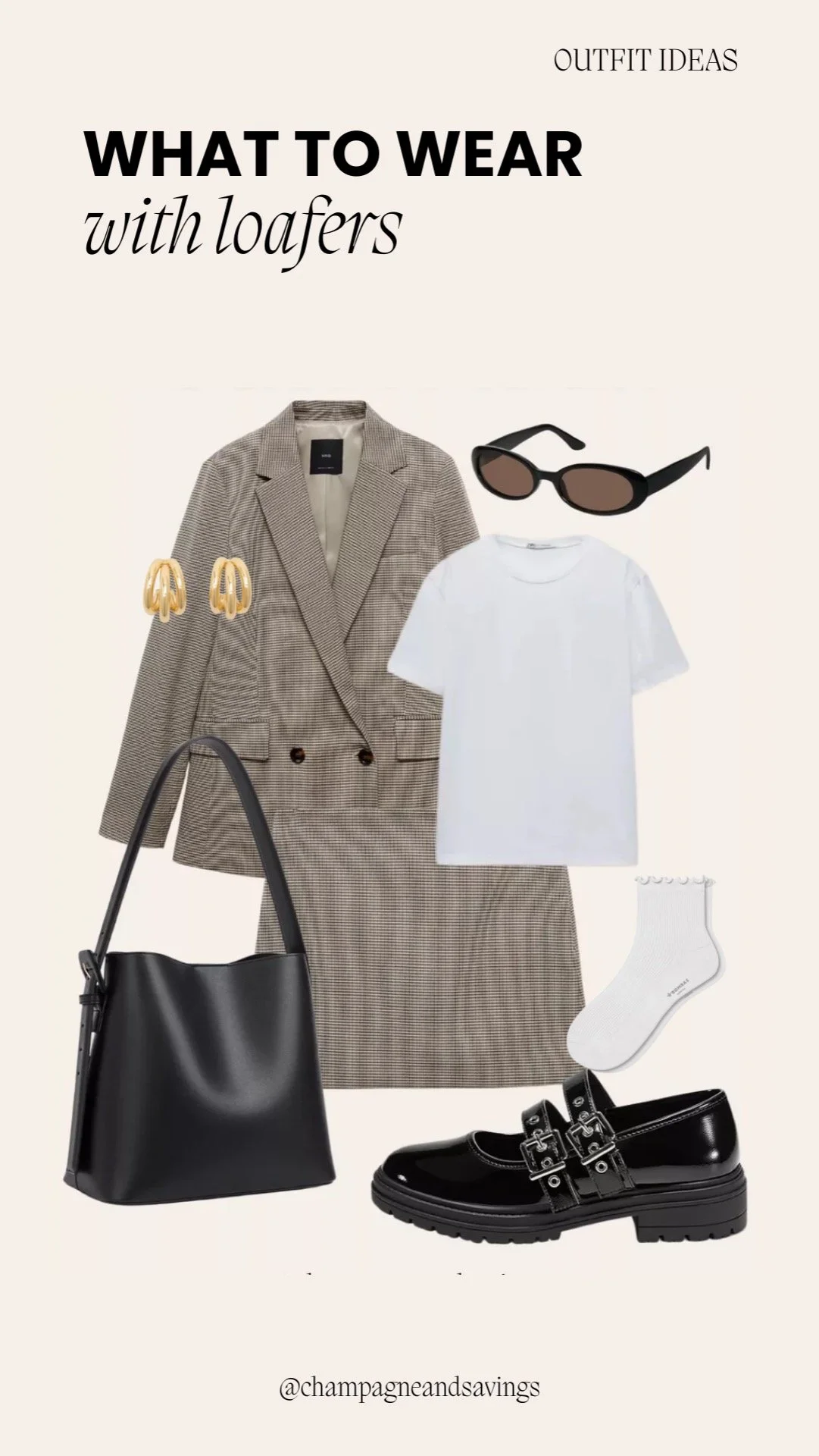 Outfit featuring loafers styled with a blazer and a mini skirt