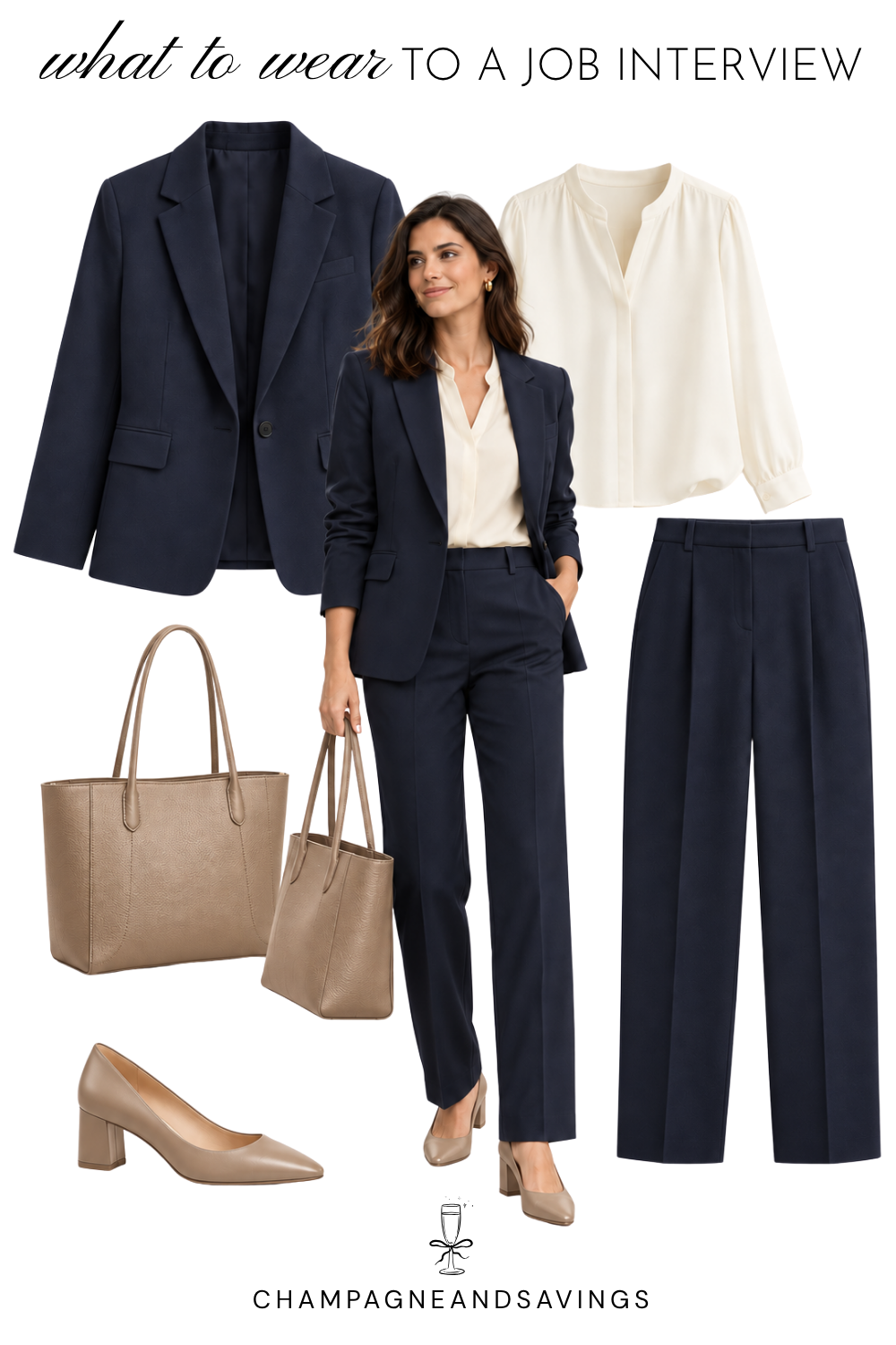 Job interview outfit idea for women featuring a navy suit paired with a cream blouse, shown in a collage of outfit pieces for a polished, professional look.