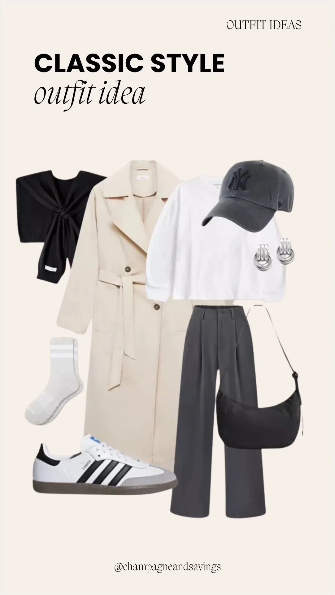 Image of a classic outfit collage featuring a long trench coat layered over a white tee with grey trousers and sneakers styled together with coordinating accessories arranged as outfit pieces