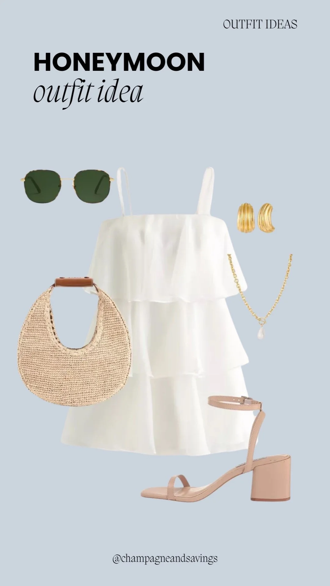 Honeymoon outfit idea collage featuring a tiered white mini dress styled with coordinated accessories for a chic bridal vacation look.